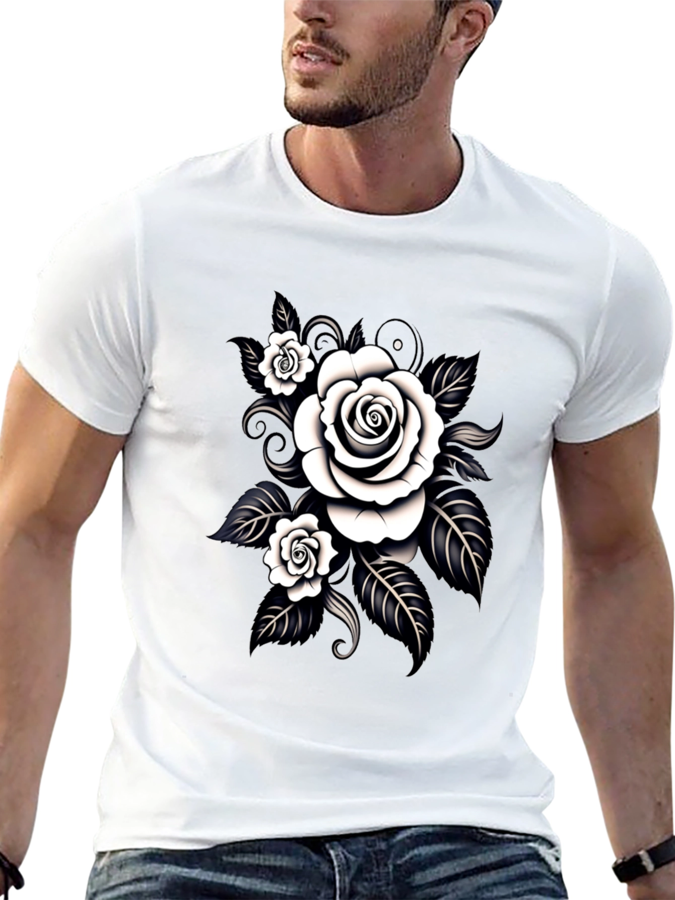 Black T-Shirt with White Rose Graphic Design