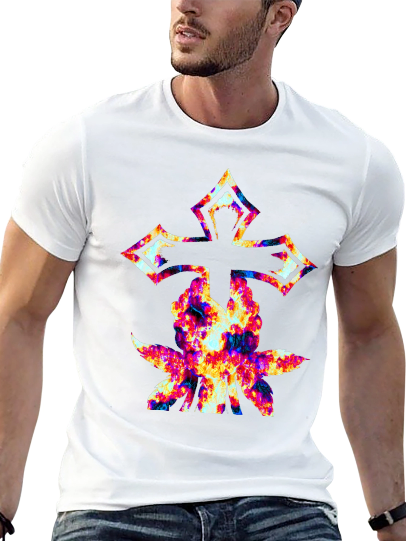 Cross & Floral Graphic Black T-Shirt