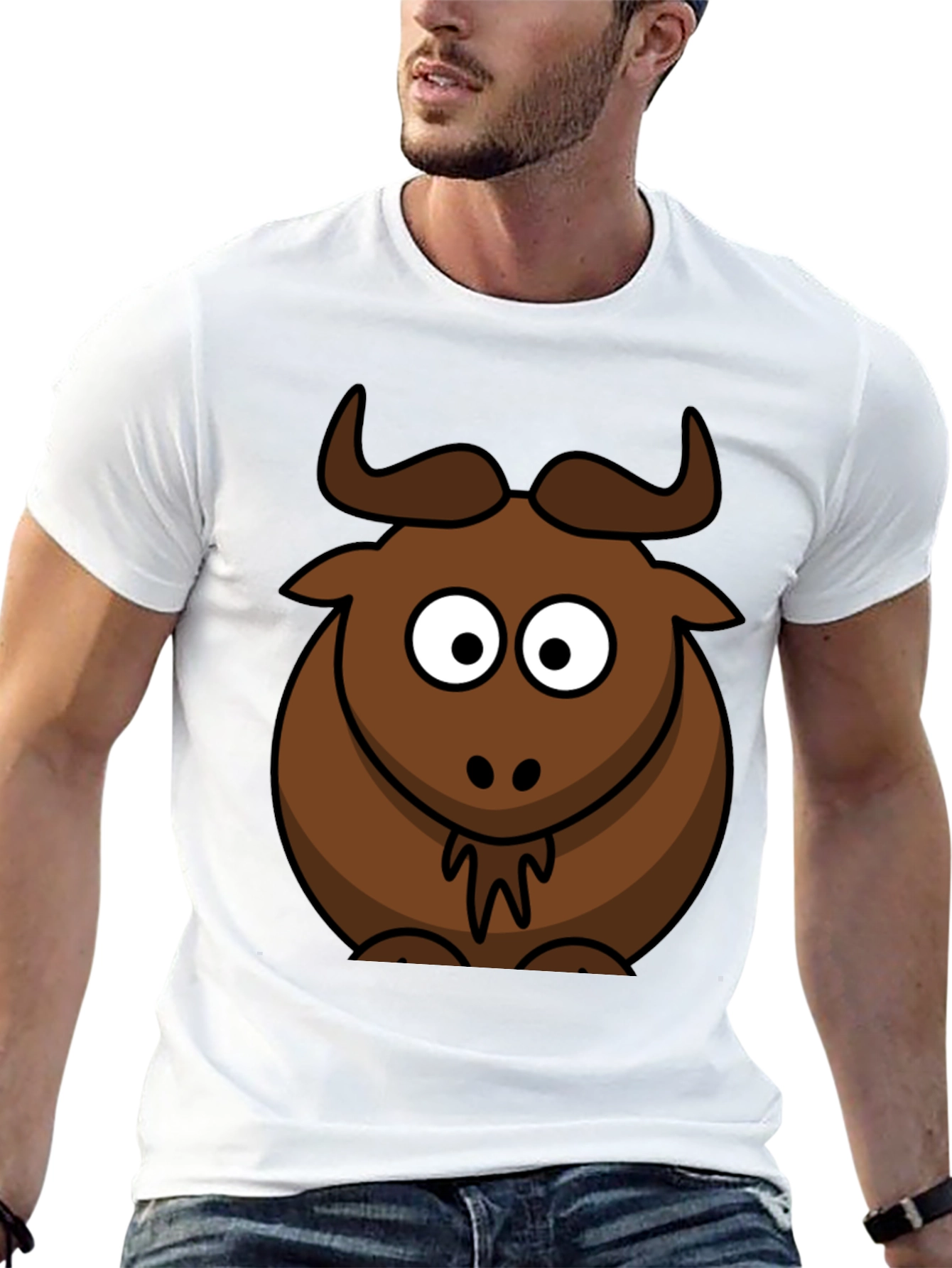 Cartoon Bull Graphic Tee - Black Cotton T-Shirt