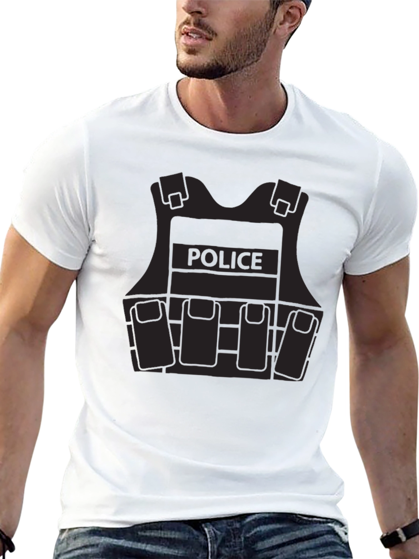 Police Vest Graphic Tee - Black Cotton Blend