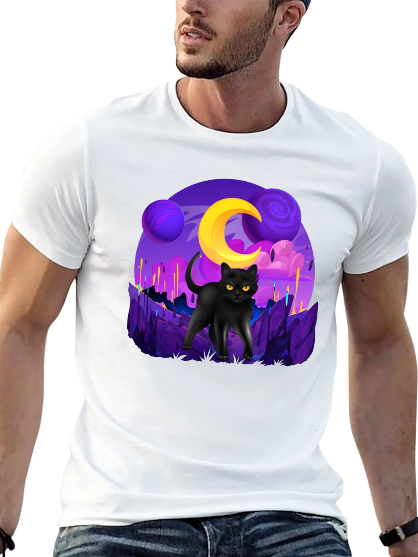 Cosmic Cat Graphic Tee - Unisex Black T-Shirt