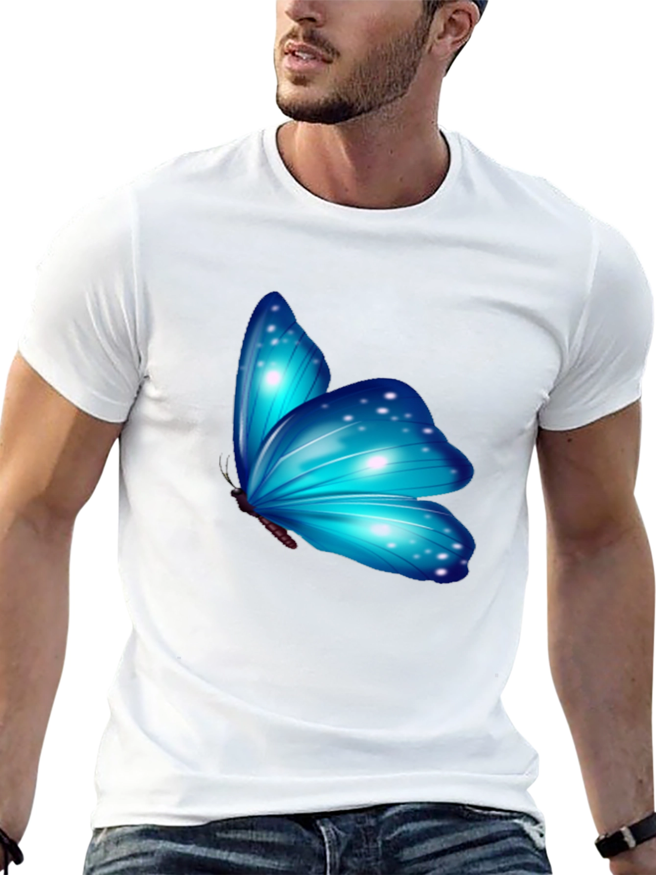 Blue Butterfly Graphic Black T-Shirt