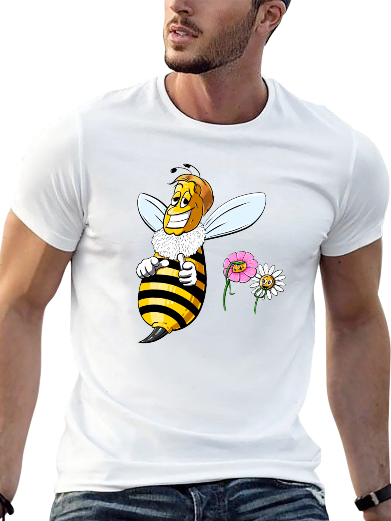 Funny Bee & Flowers Graphic Black T-Shirt