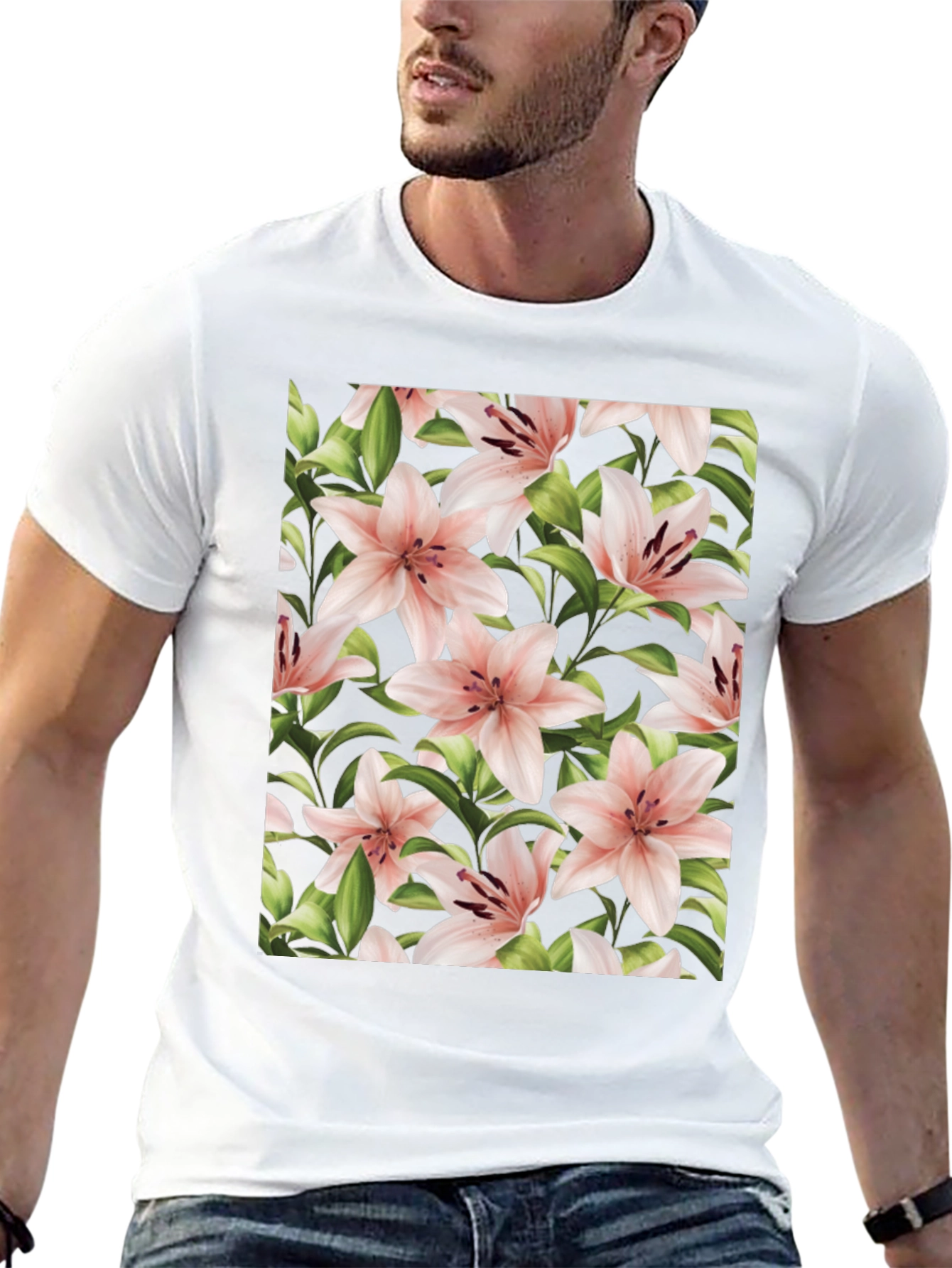Floral Print T-Shirt - Pink Lily Black Tee