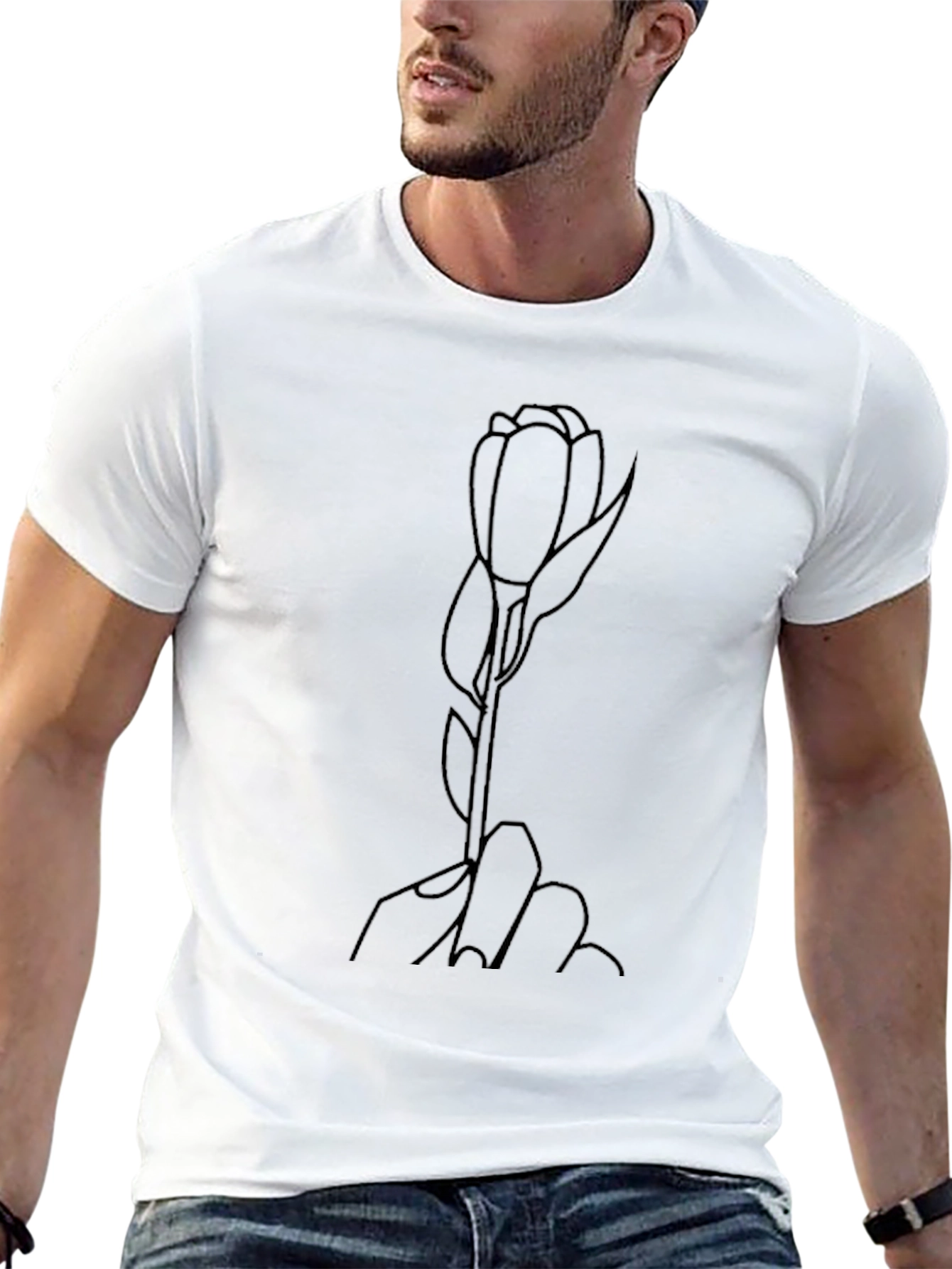 Minimalist Rose Outline Black T-Shirt