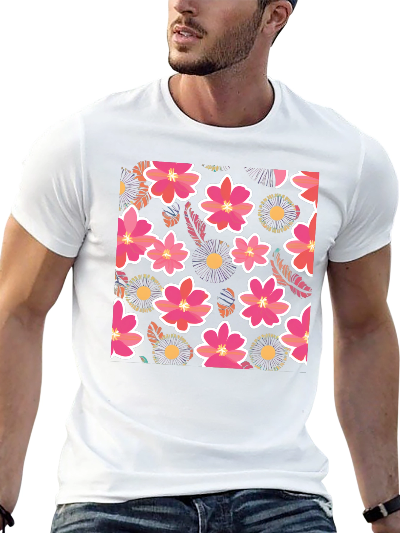 Floral Print Mens Black T-Shirt
