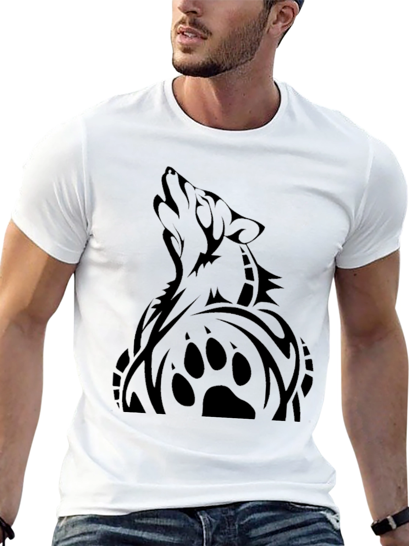 Mens Black Wolf Graphic Tee - Tribal Design