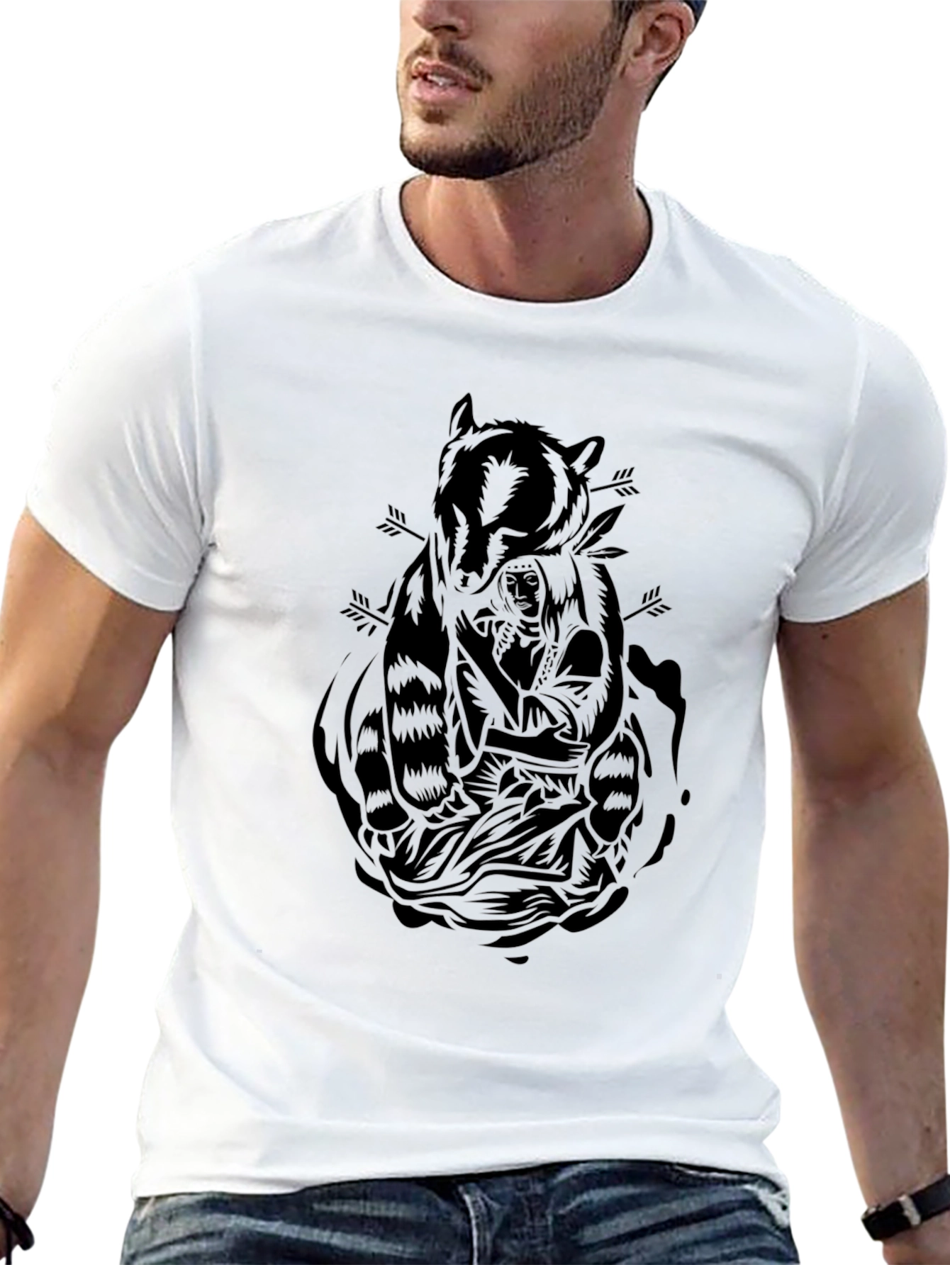 Black Graphic Tee - Raccoon & Native American Design