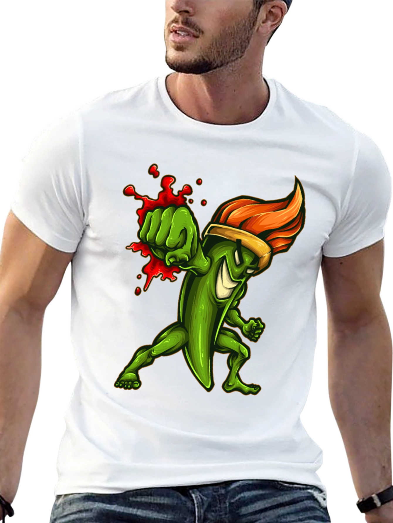 Spicy Green Pepper Punch Graphic Tee - Black Cotton