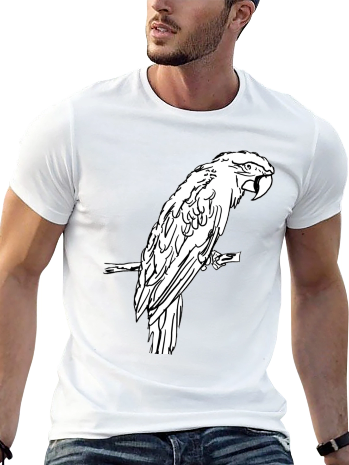 Black T-Shirt with White Parrot Graphic