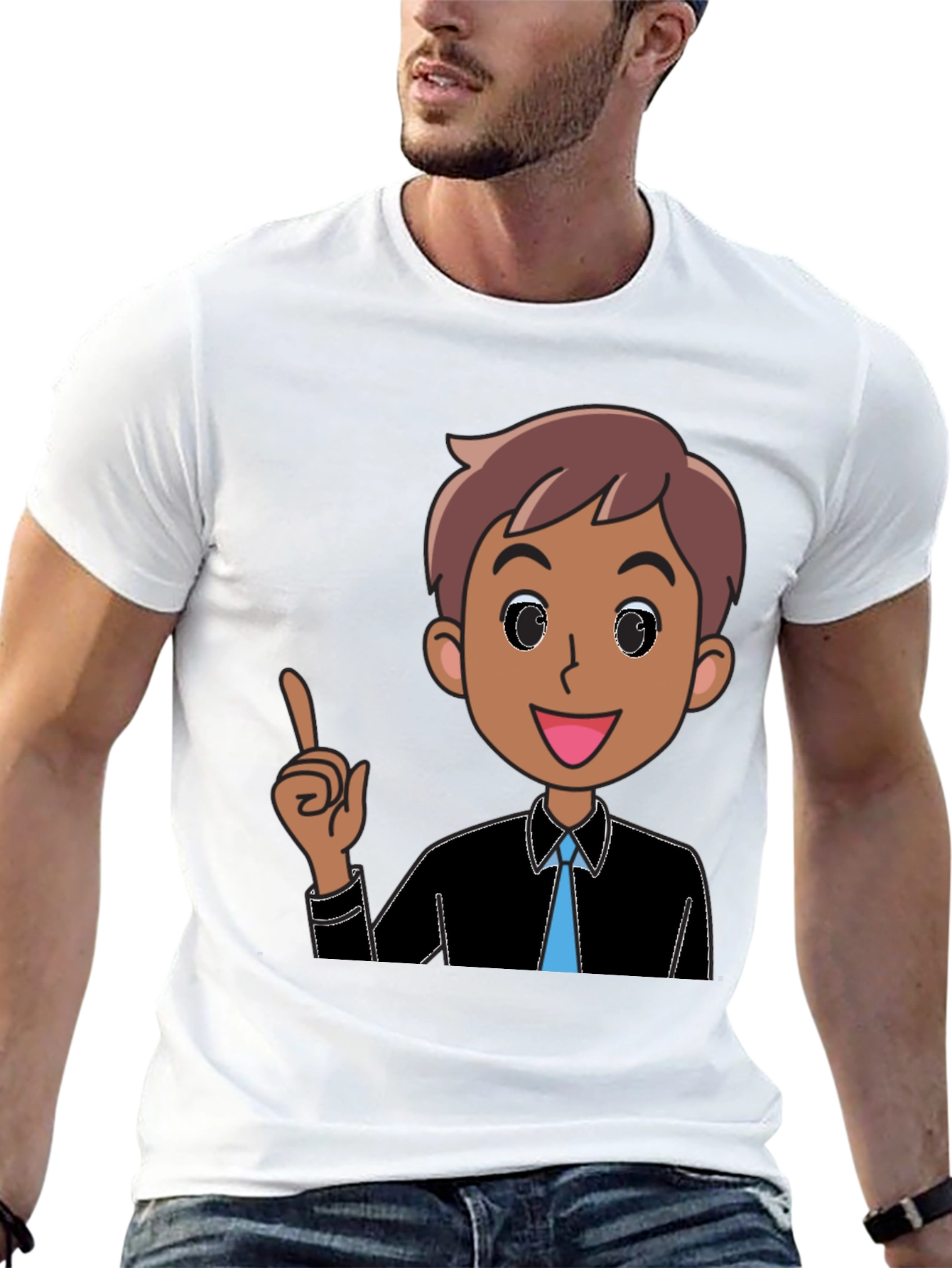 Cartoon Man Graphic Tee - Black Cotton T-Shirt