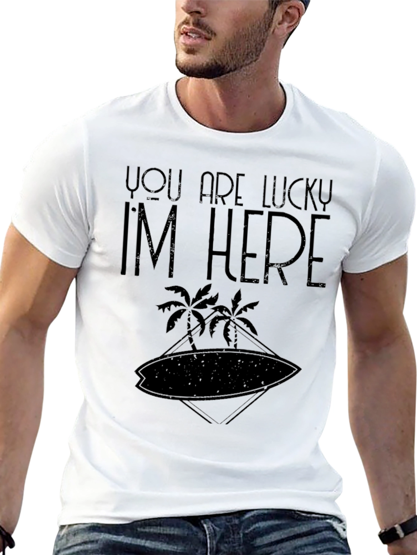 Lucky Im Here T-Shirt - Palm Tree Surfboard Design