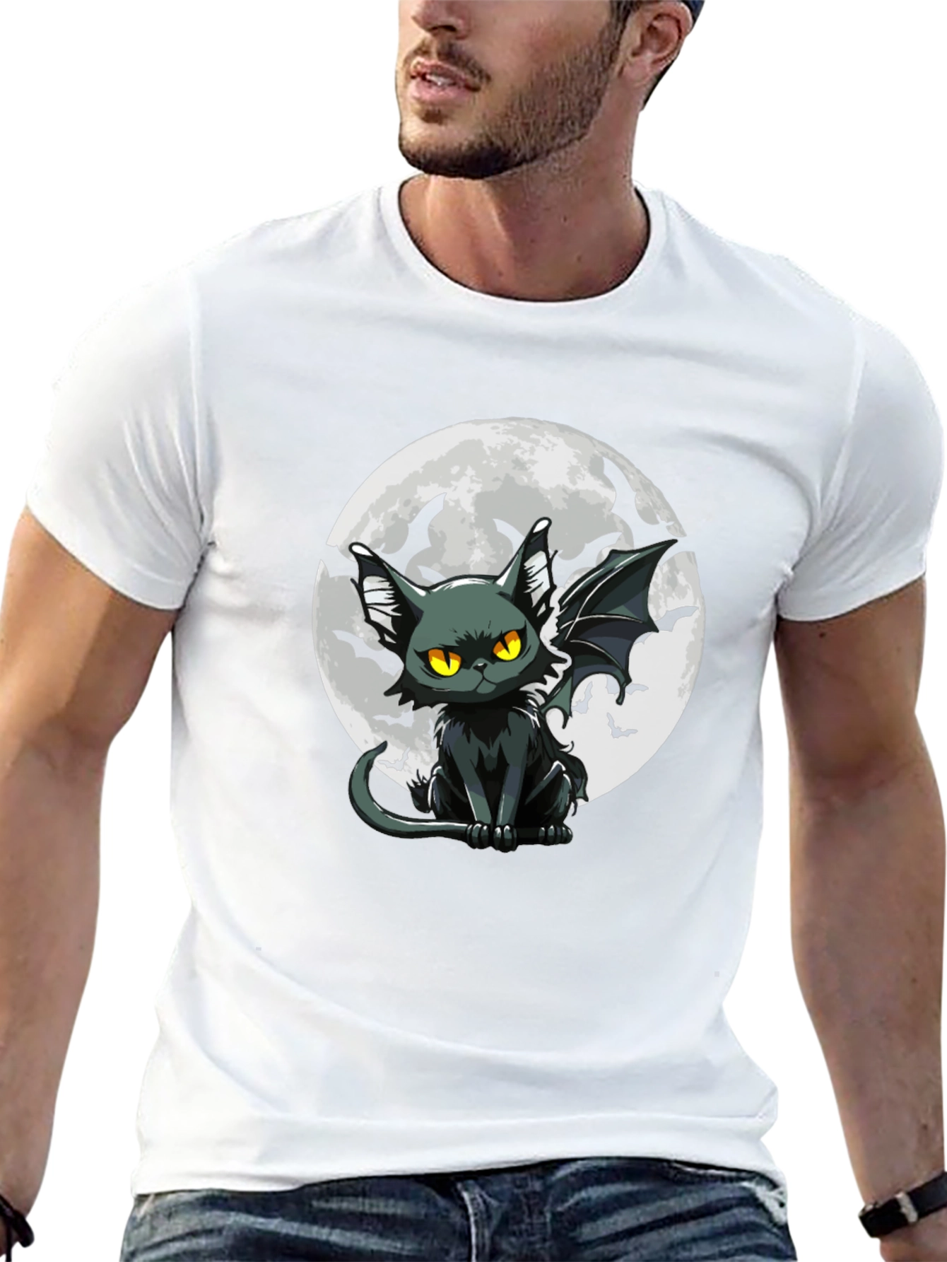 Bat Cat Moon Graphic Black T-Shirt