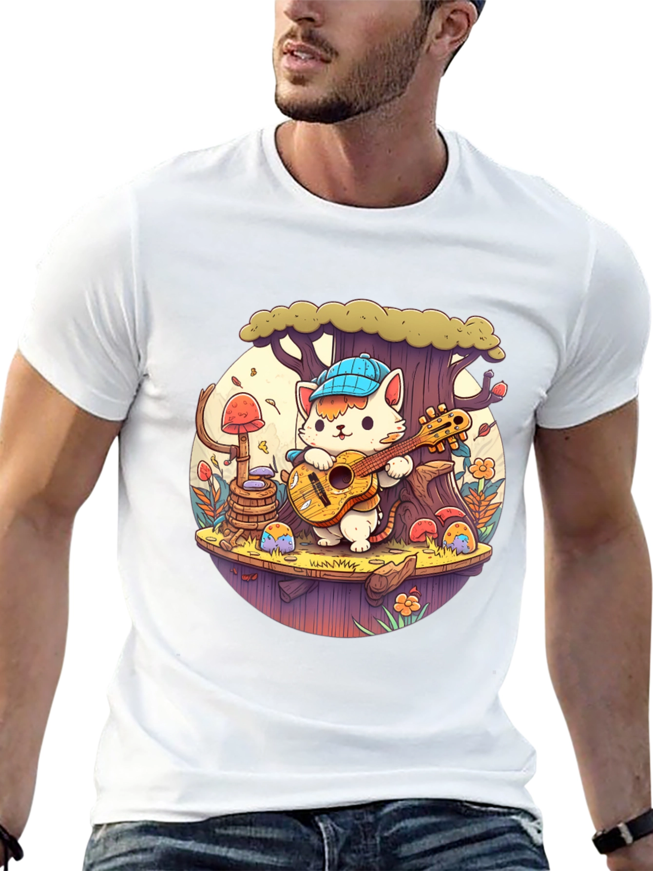 Cute Cartoon Cat Playing Guitar Black T-Shirt
