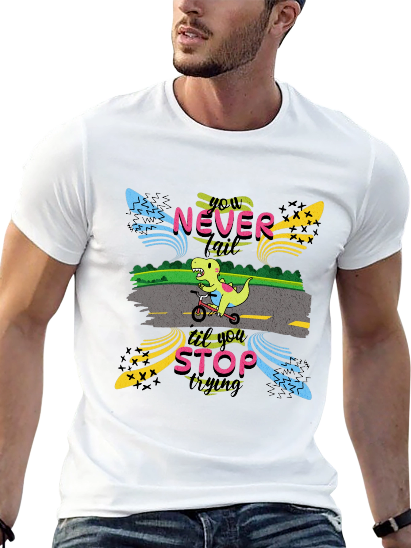 Never Stop Trying T-Shirt: Dino on Bike