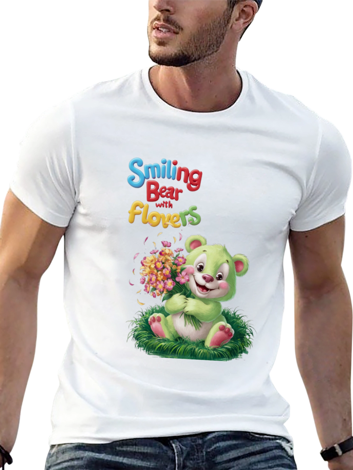 Smiling Bear with Flowers Graphic Tee