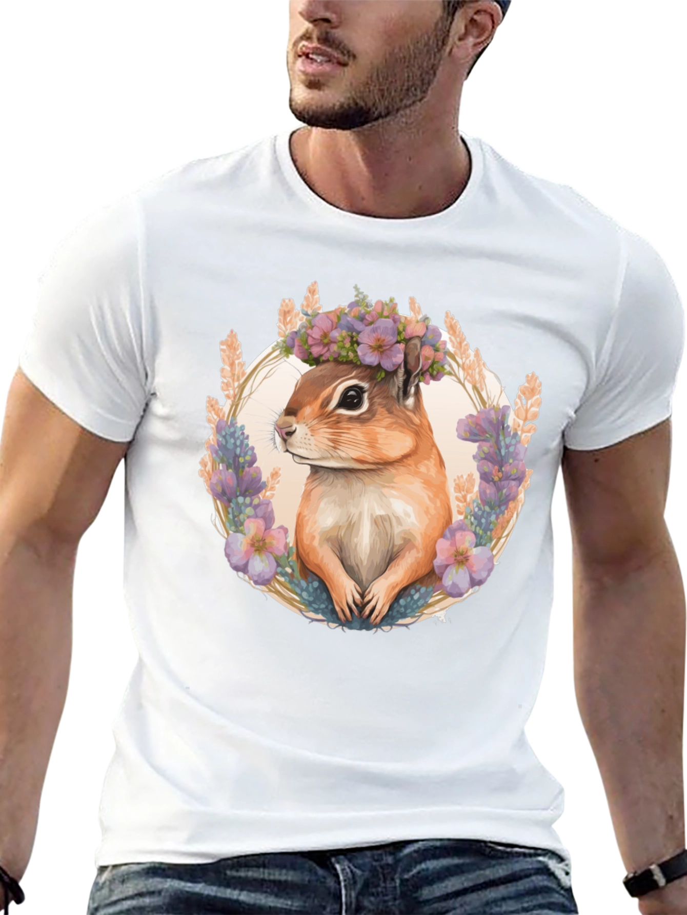 Chipmunk Floral Wreath Black T-Shirt