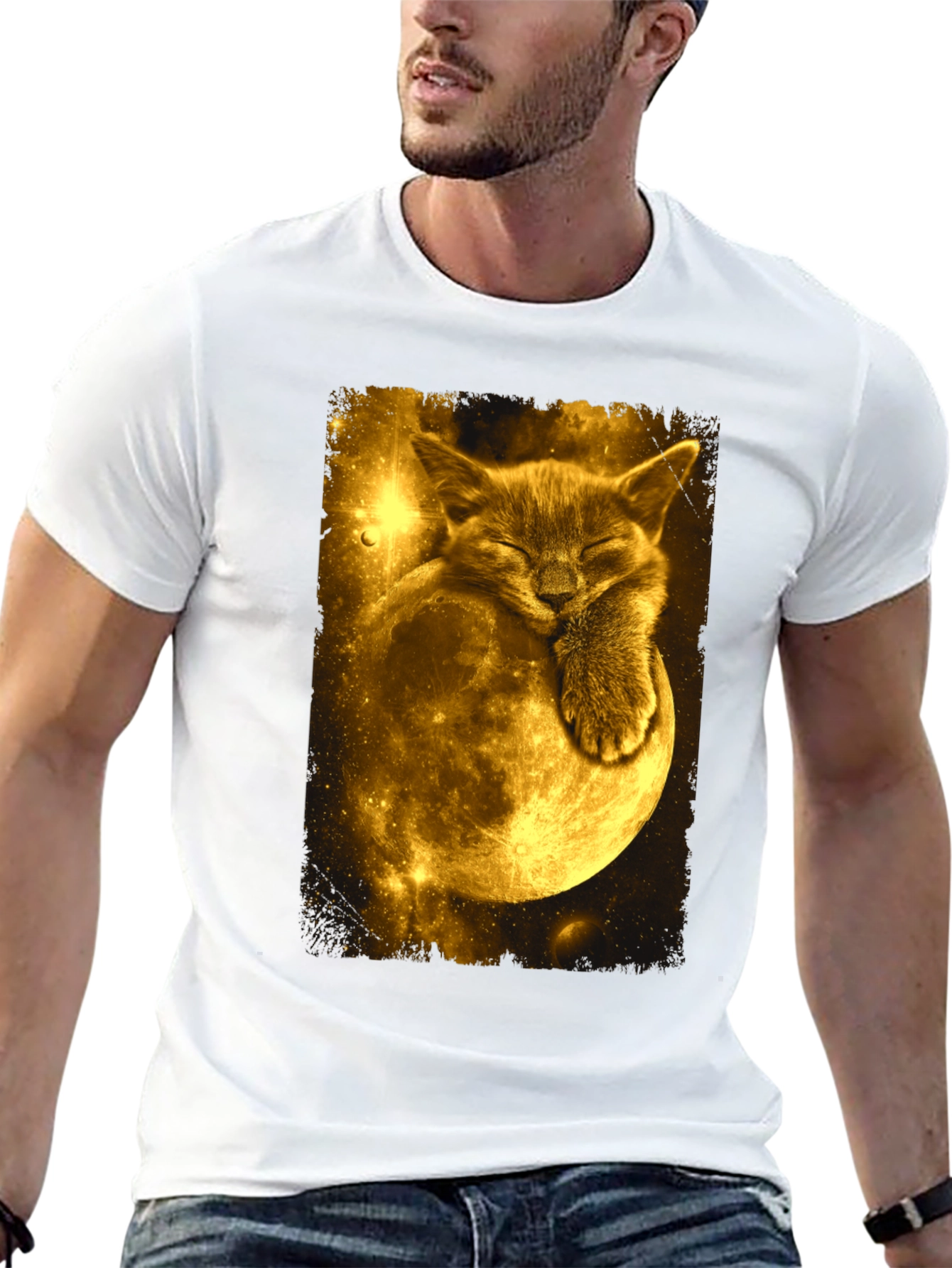 Cat Moon Graphic Tee - Black Cotton Blend T-Shirt