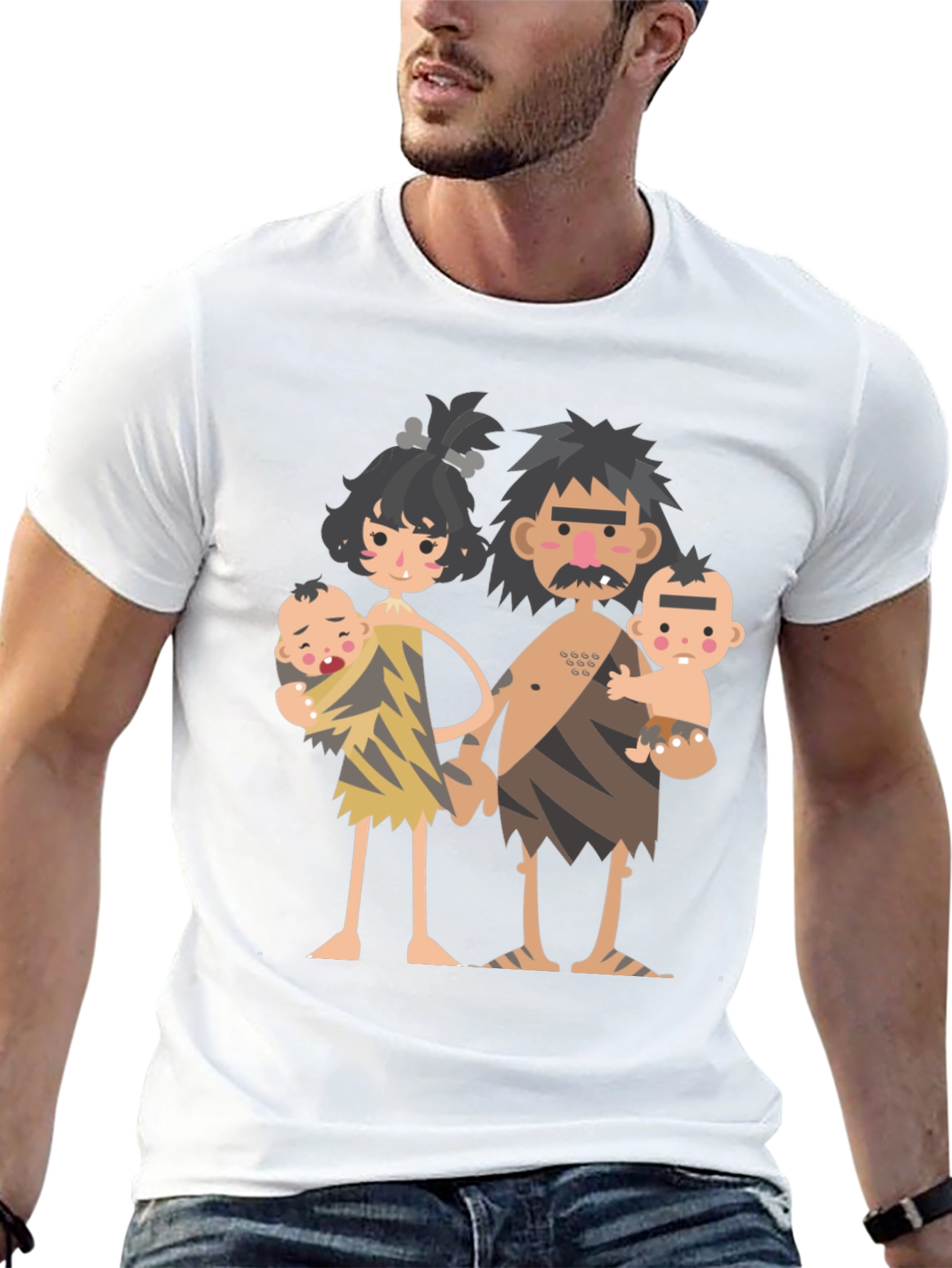 Cartoon Caveman Family Graphic T-Shirt