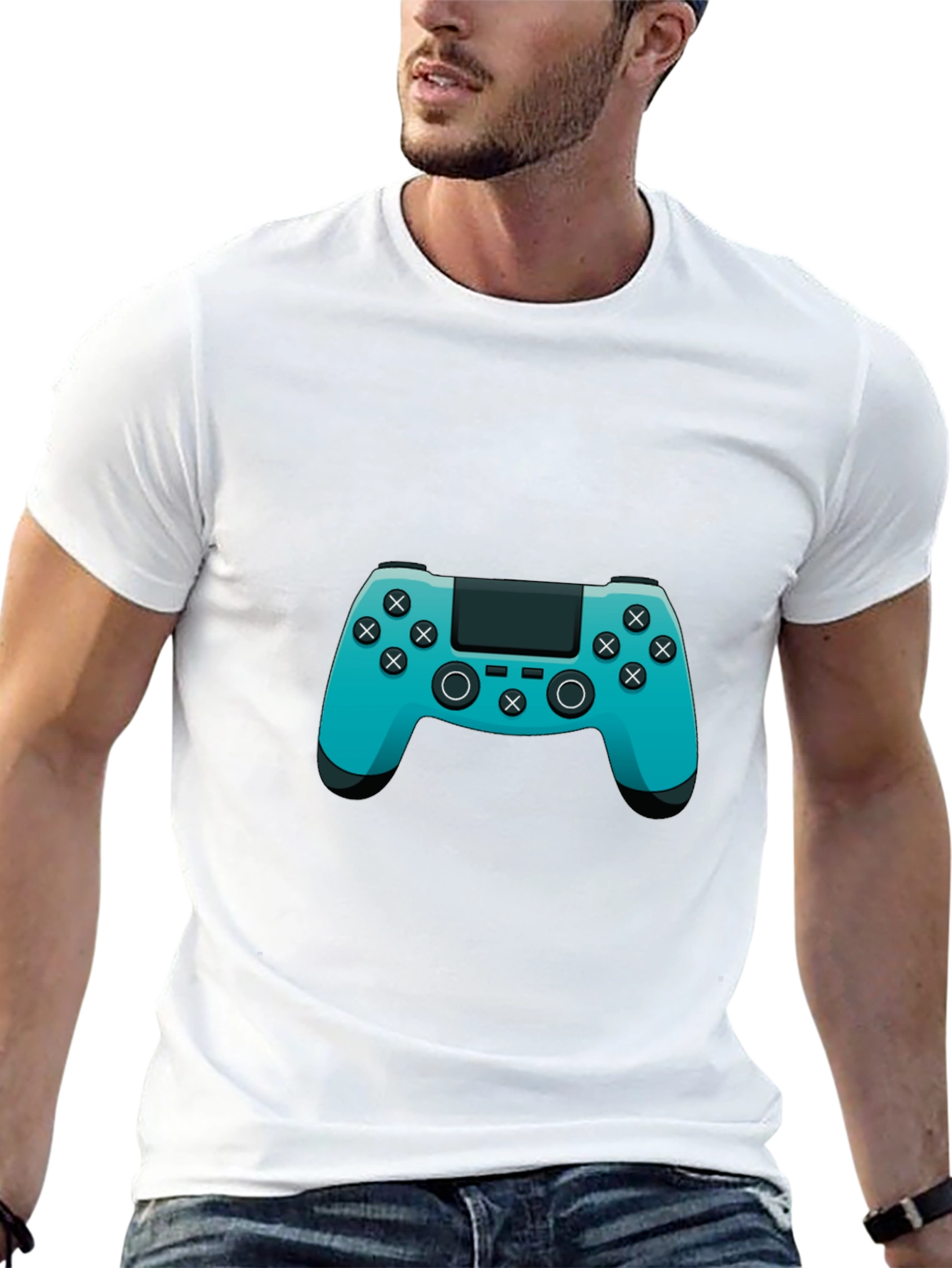 Gamer Style Black T-Shirt with Teal Controller Design