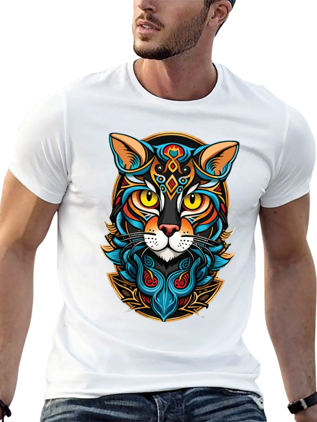 Artistic Cat Graphic Black T-Shirt