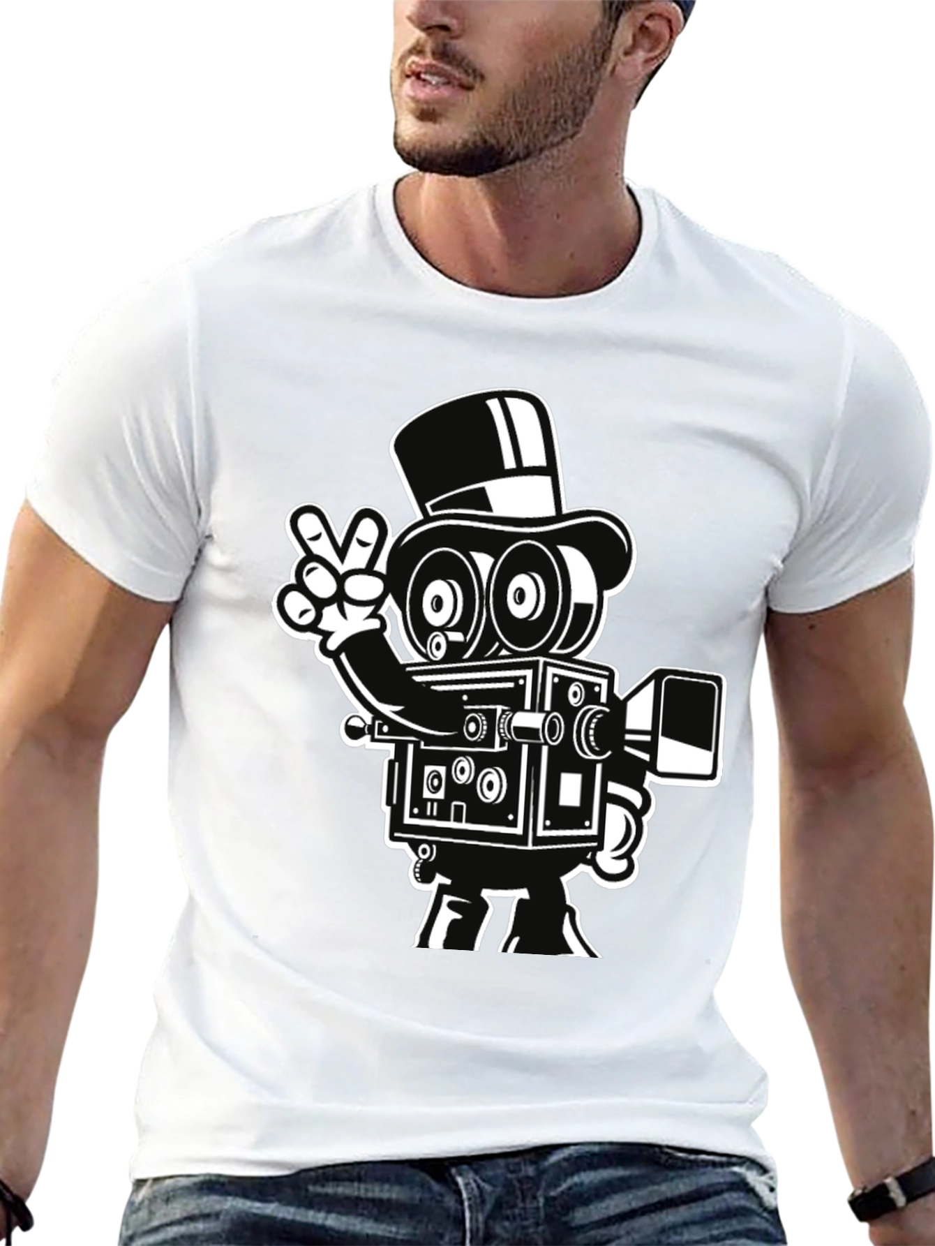 Retro Camera Cartoon Graphic T-Shirt - Black