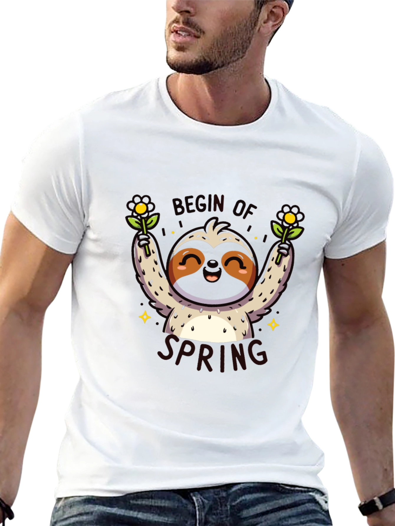 Cute Sloth Begin of Spring Black Graphic T-Shirt