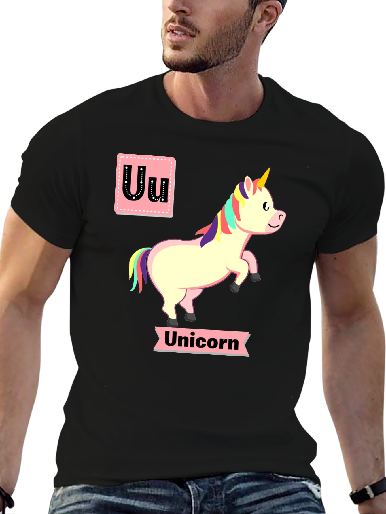 Unicorn Alphabet U Black T-Shirt