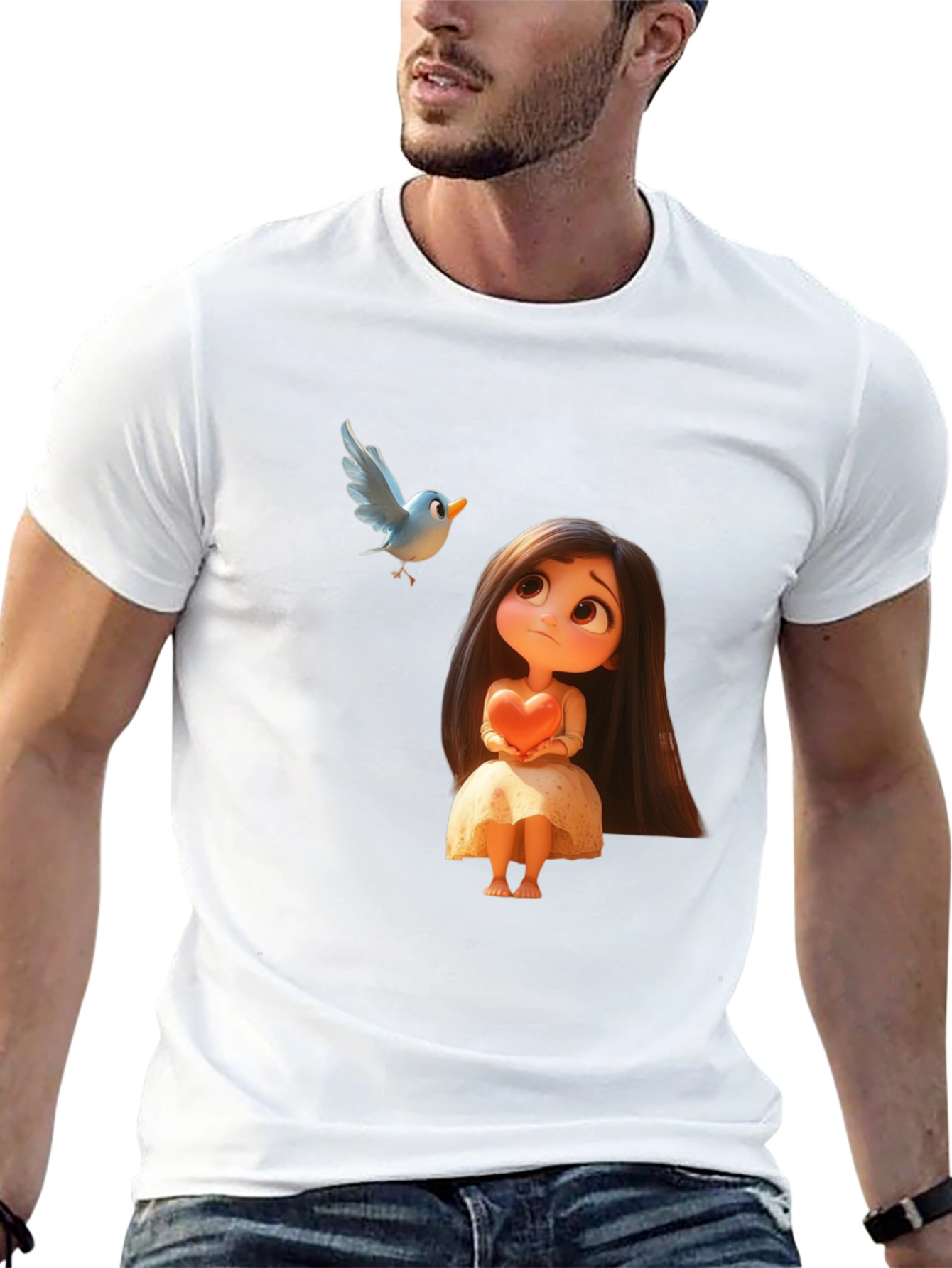 Cartoon Girl & Bird Graphic Black T-Shirt