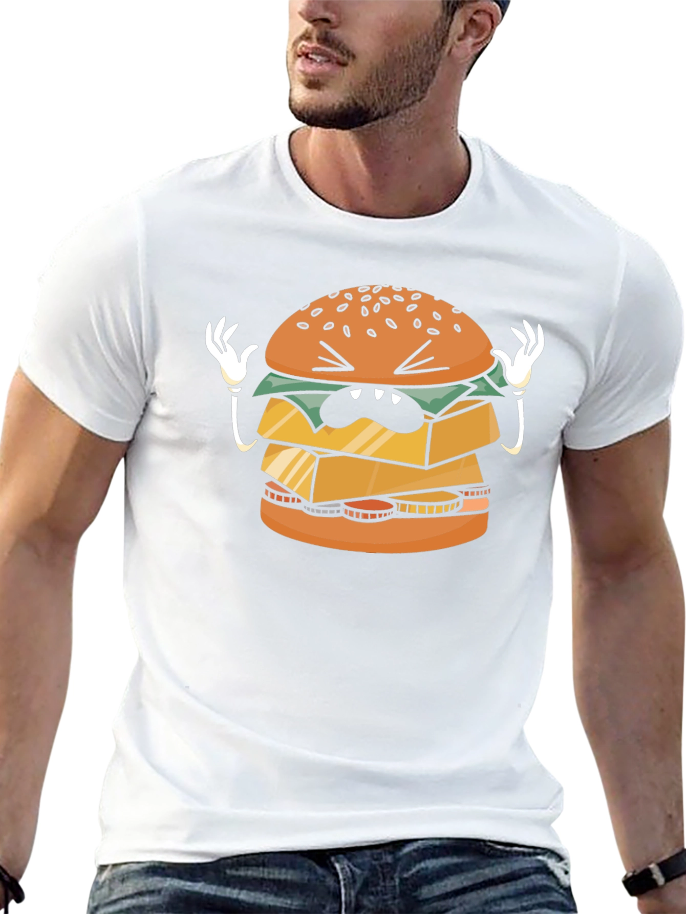 Funny Cartoon Burger Graphic Black T-Shirt