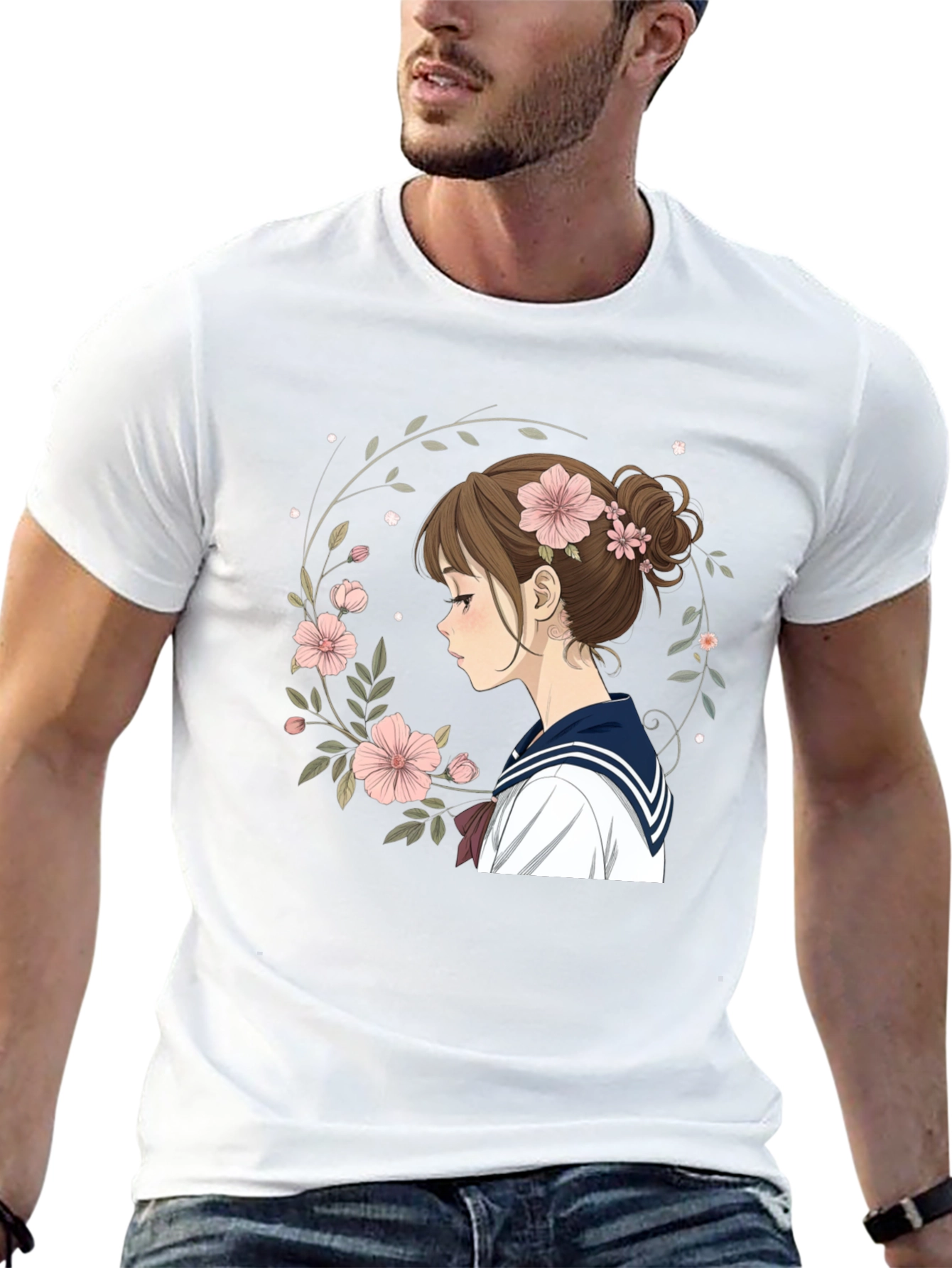 Anime Girl Floral Wreath Black T-Shirt