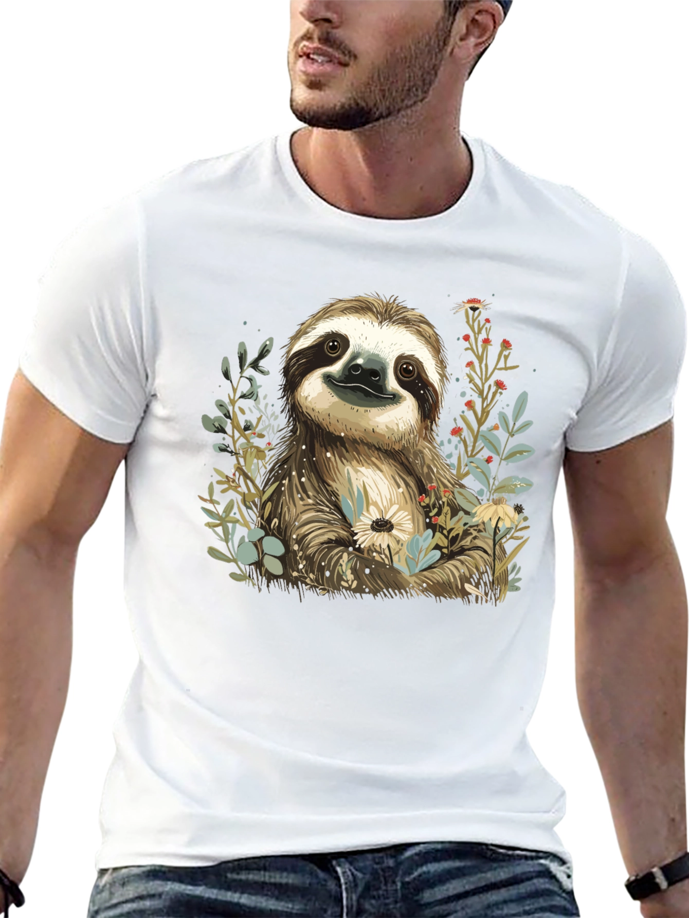 Sloth & Floral Print T-Shirt - Relaxed Fit