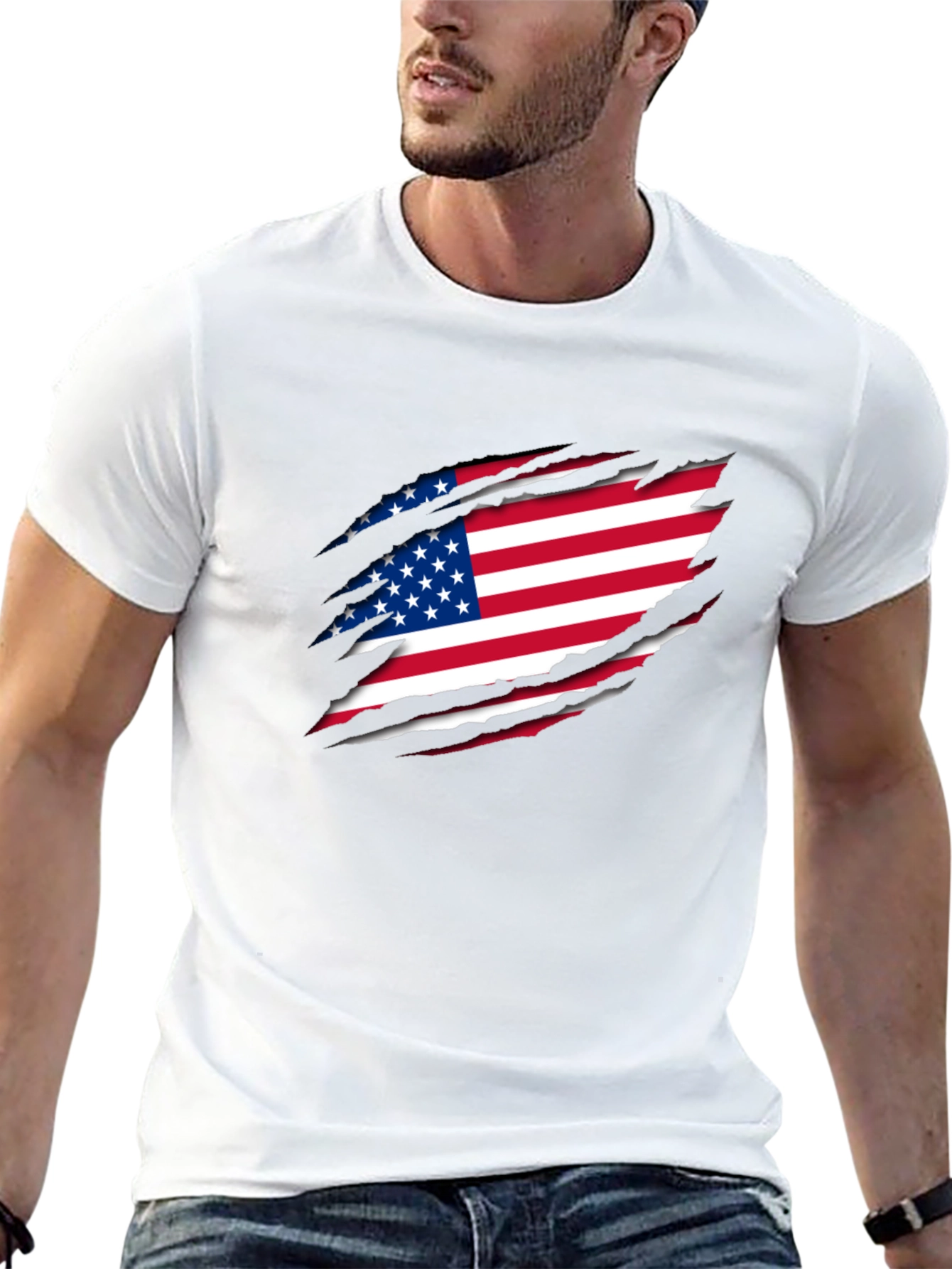 USA Flag Ripped Black T-Shirt Patriotic Design