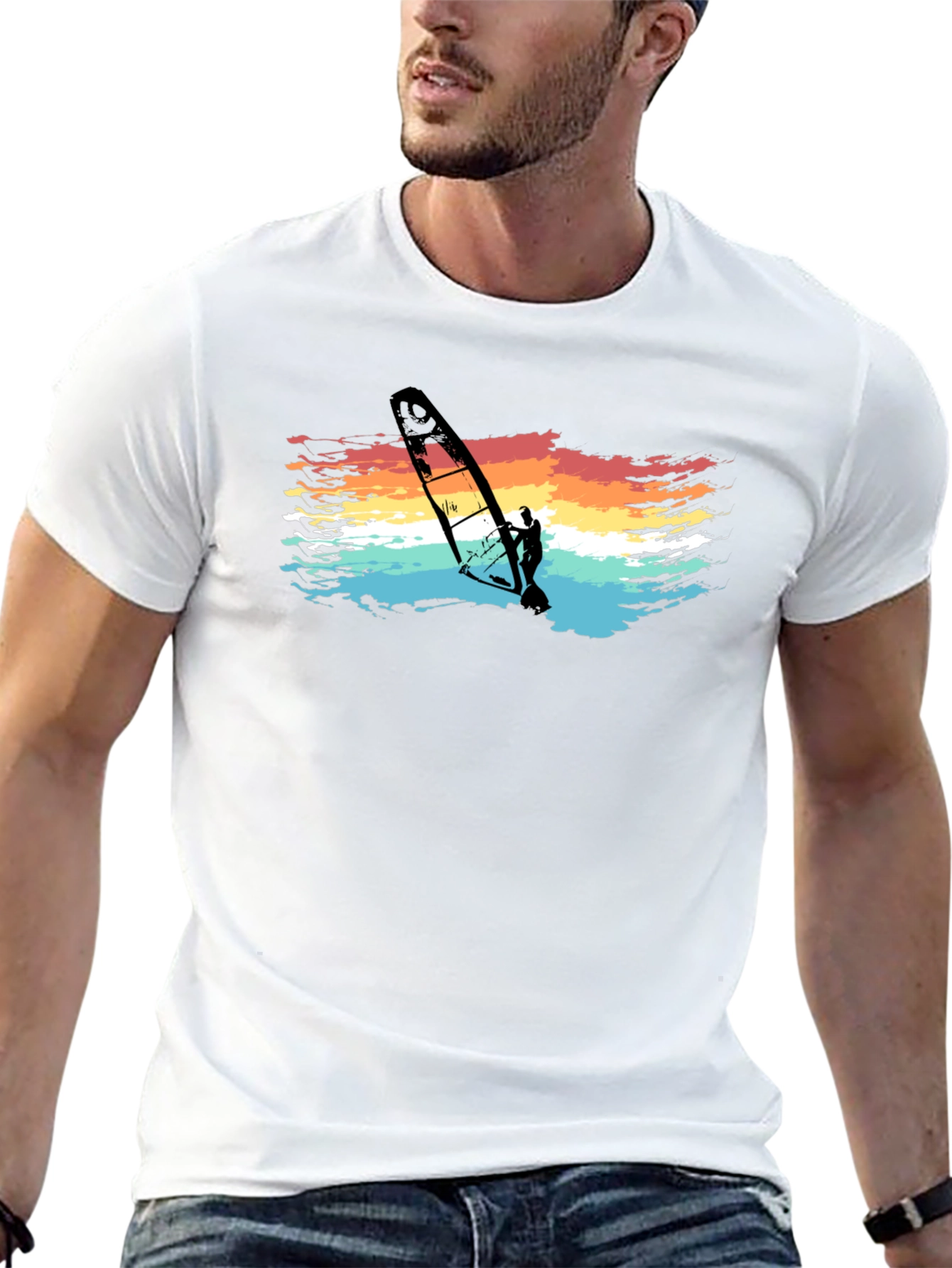 Retro Windsurfer Graphic Tee - Black Cotton T-Shirt