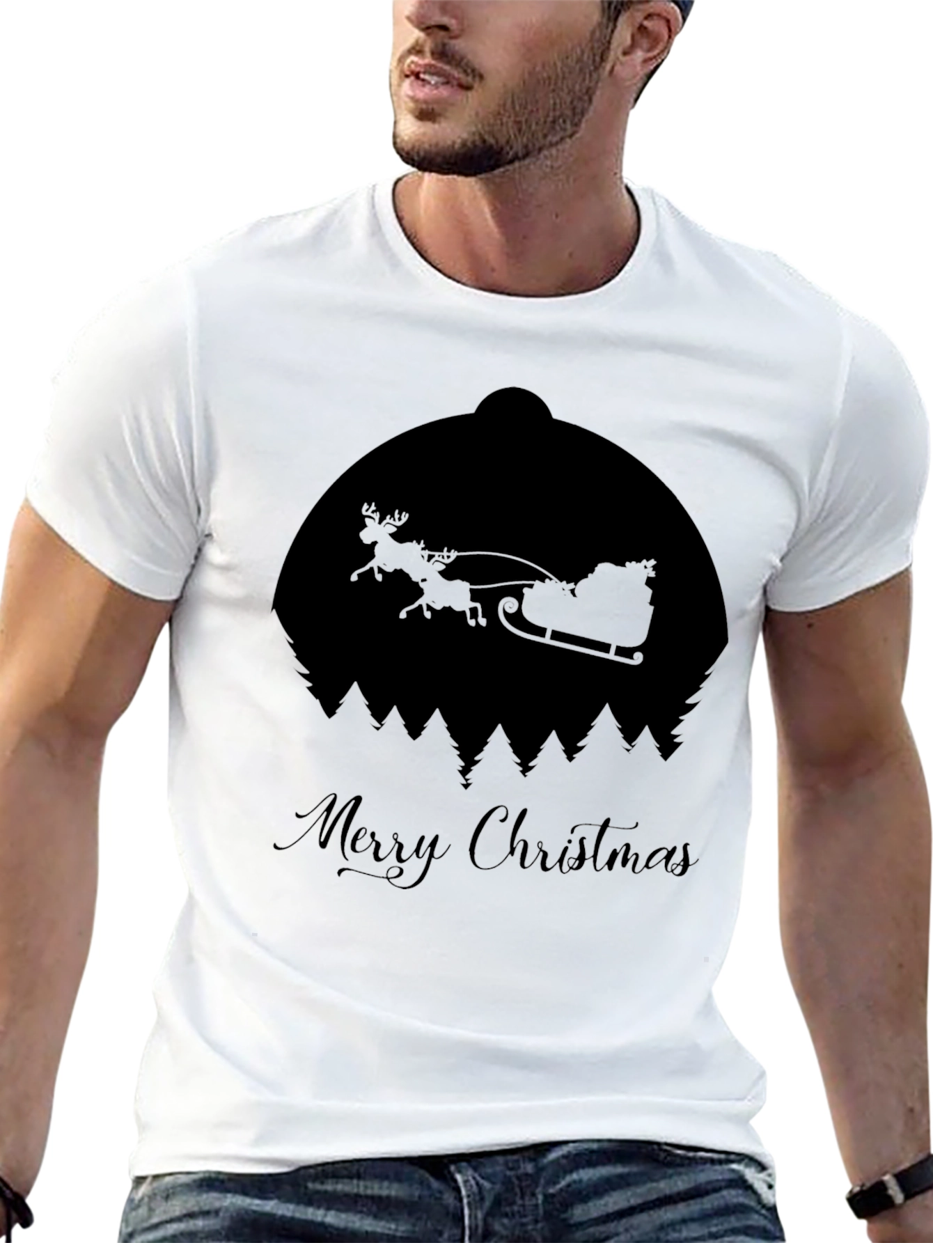 Merry Christmas Santa Sleigh Silhouette Black T-Shirt