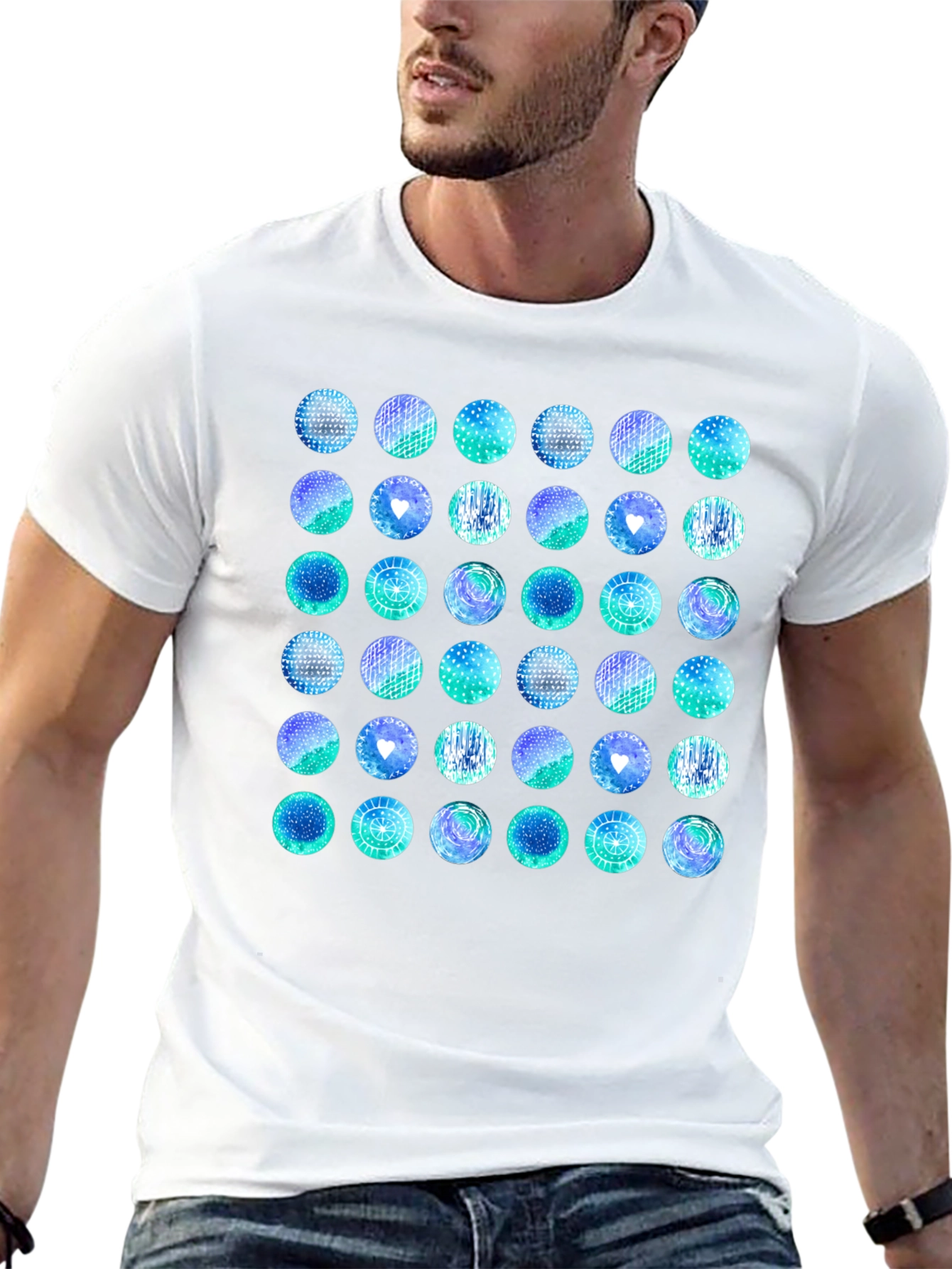 Abstract Teal Circle Pattern Black T-Shirt