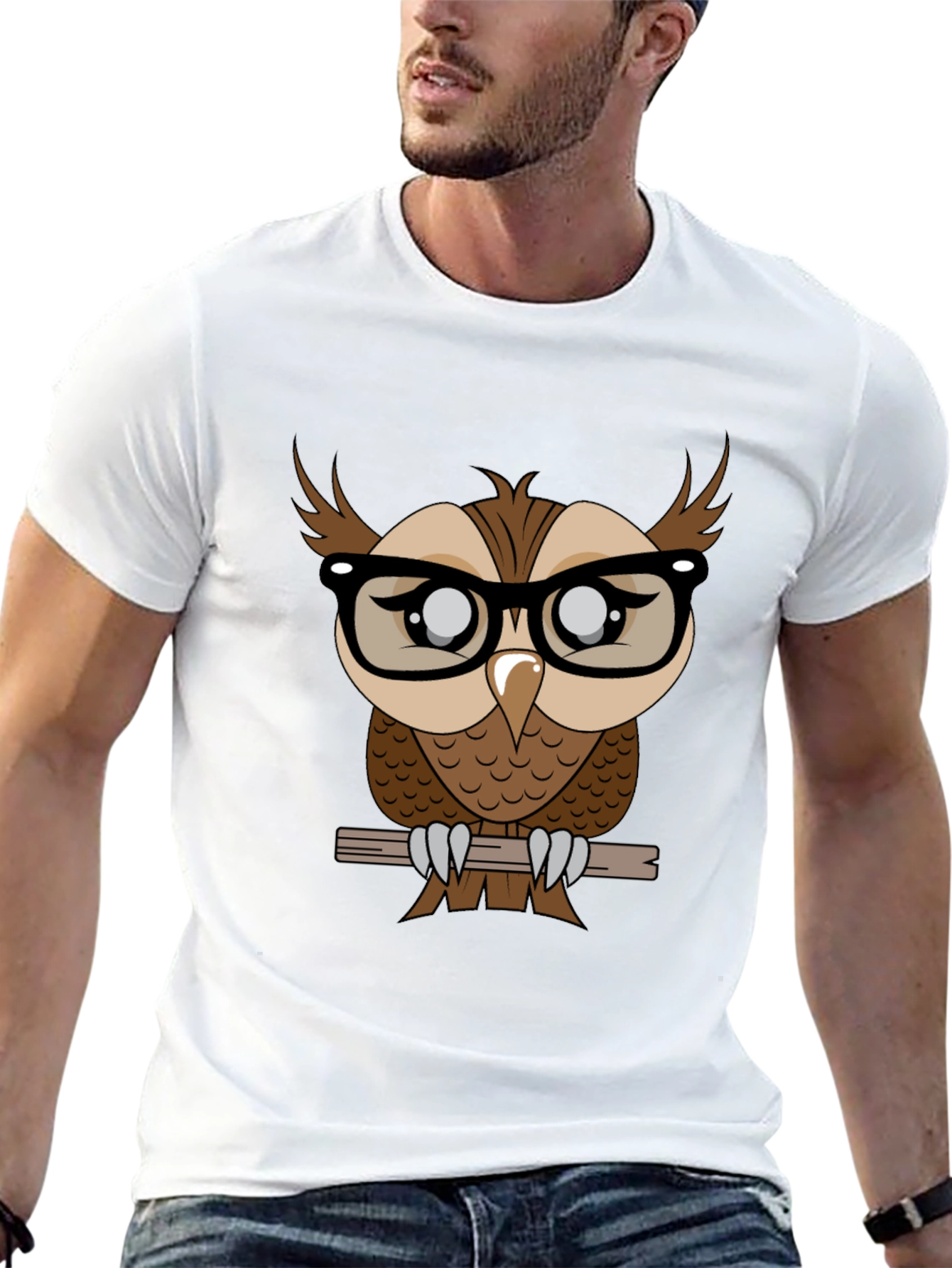 Owl with Glasses Graphic Tee - Black Cotton T-Shirt
