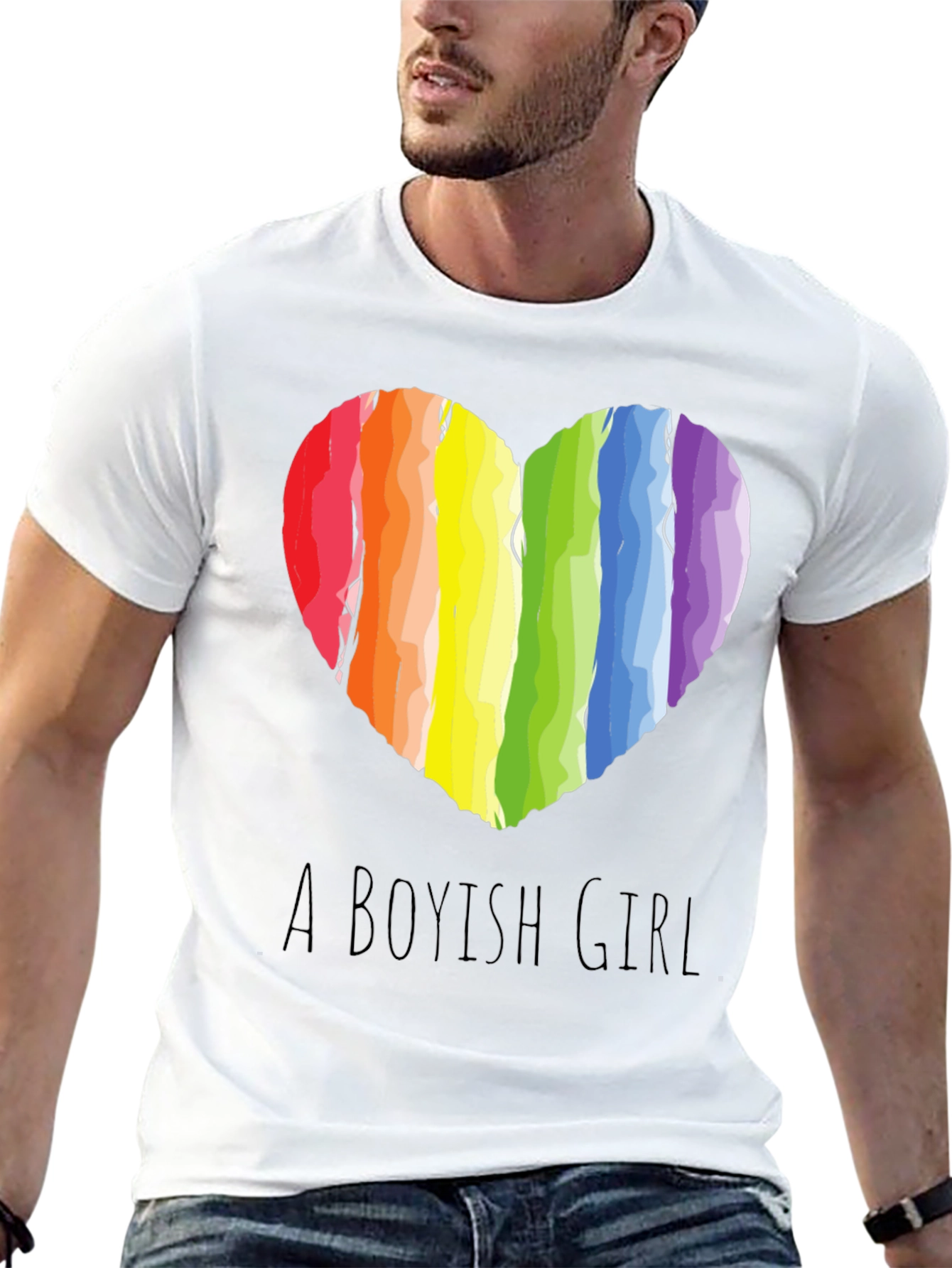Boyish Girl Rainbow Heart Graphic Tee