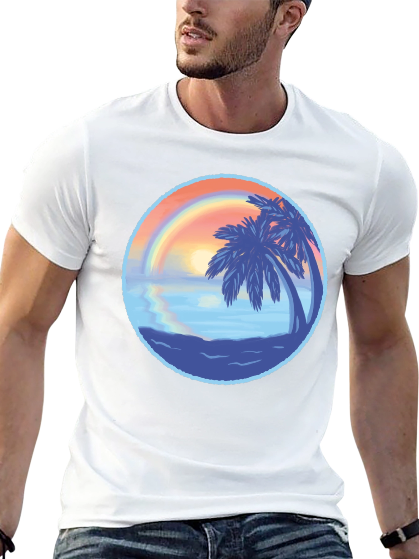 Tropical Sunset Graphic Tee - Black Cotton T-Shirt