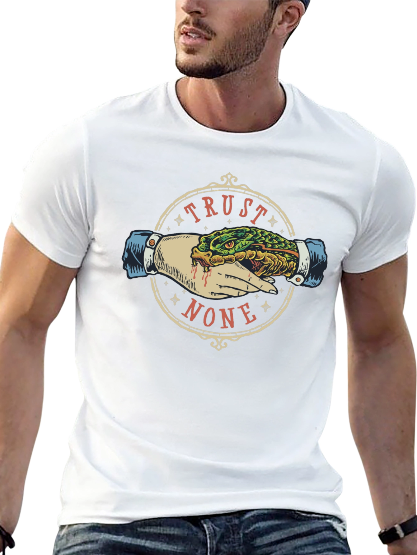 Trust None Graphic Tee - Snake Handshake Design