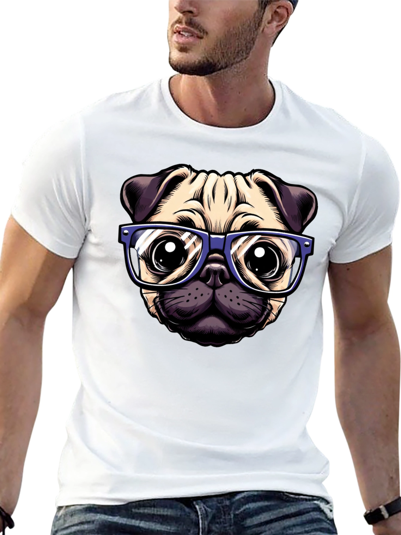 Pug with Glasses Graphic Tee - Black