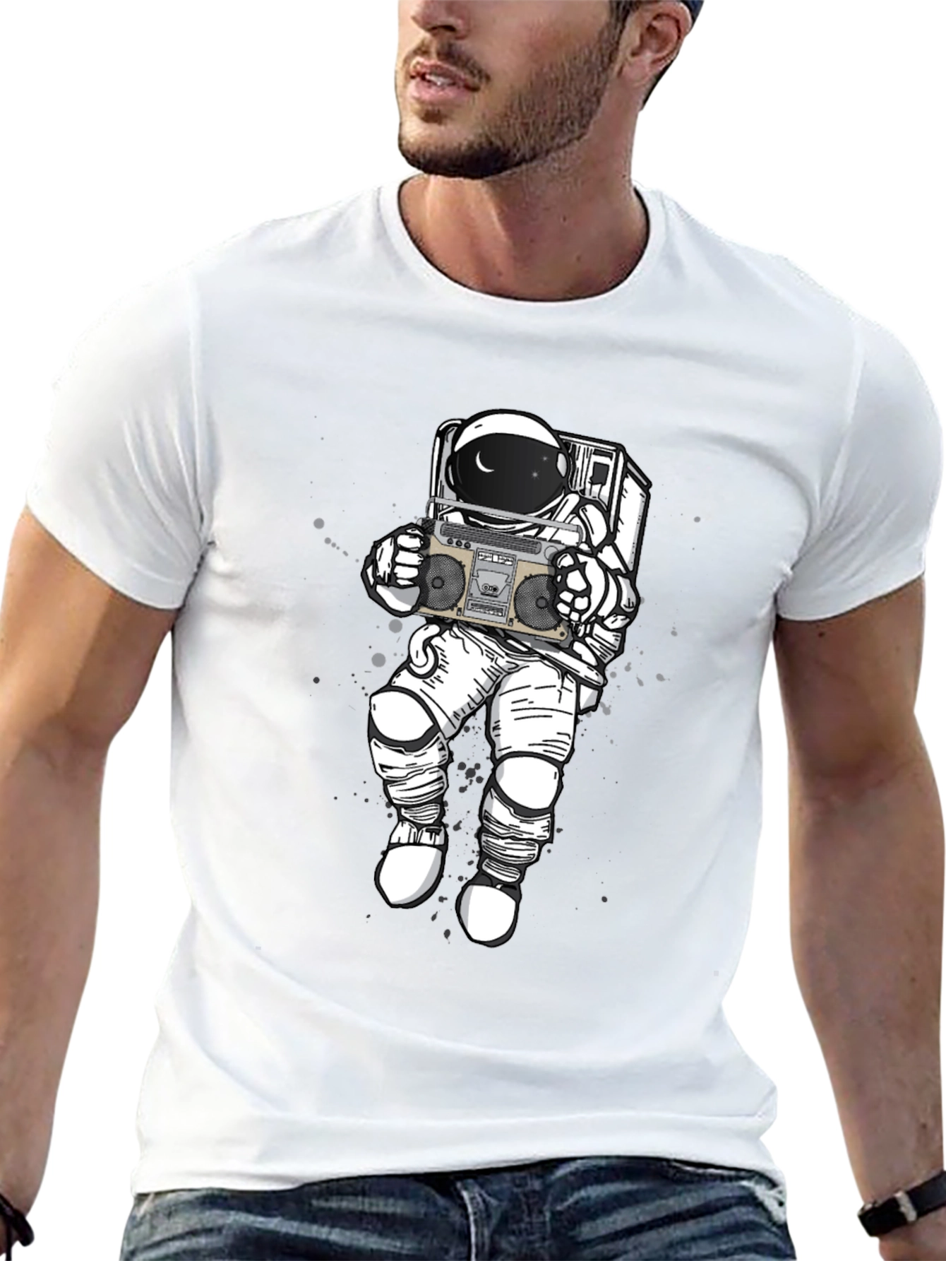 Retro Astronaut Boombox Graphic Tee - Black