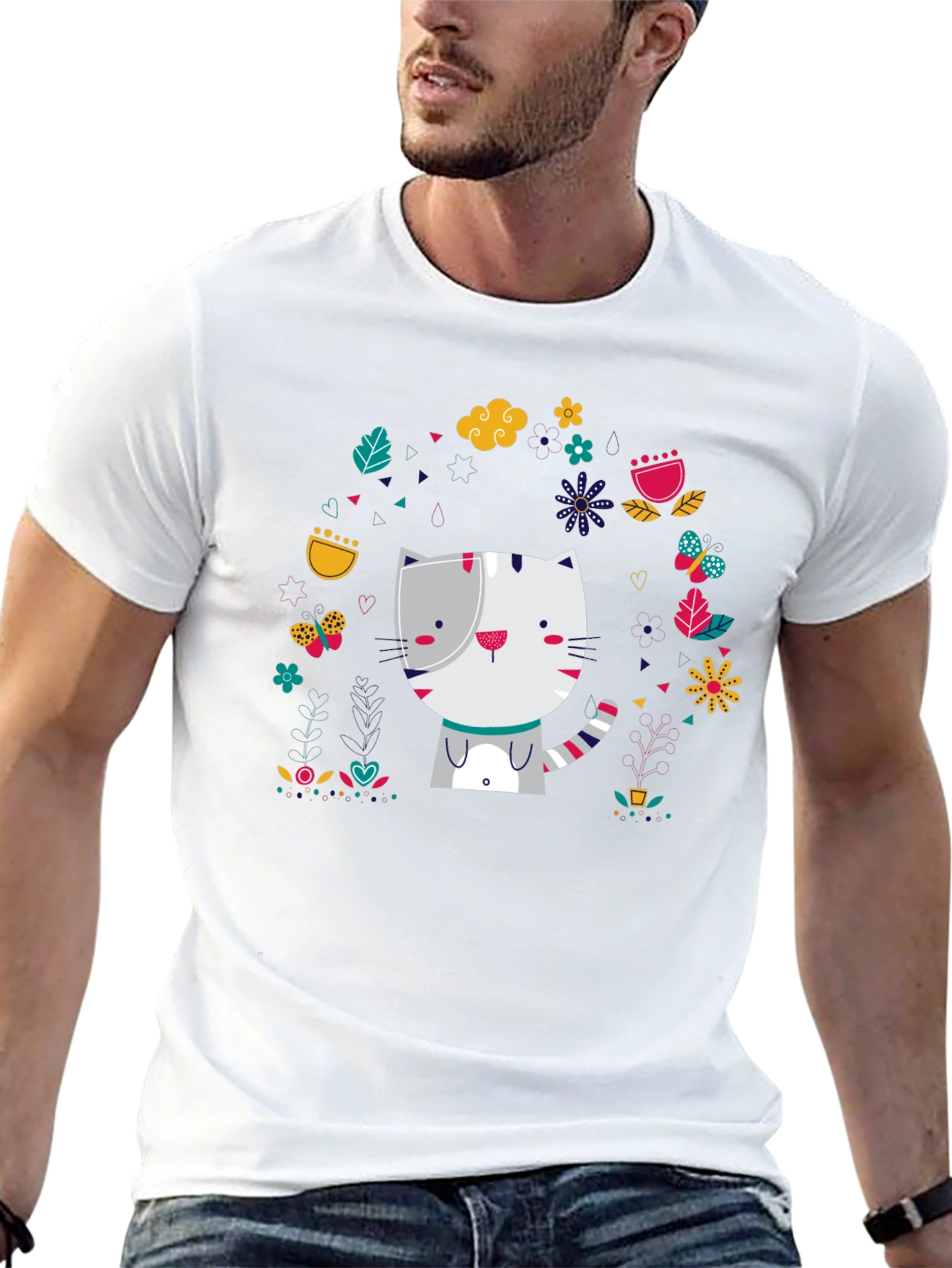 Cute Cat Floral Design Black T-Shirt