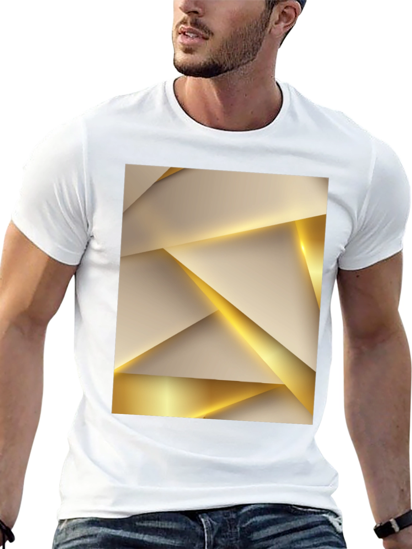 Geometric Gold & Beige Print Black Tee