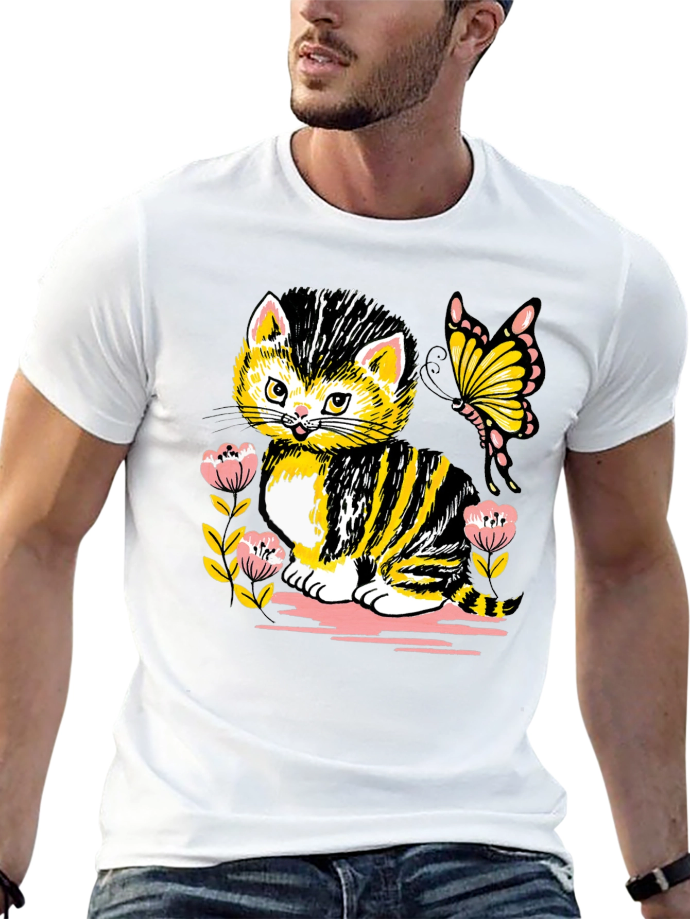 Cute Kitten & Butterfly Graphic T-Shirt