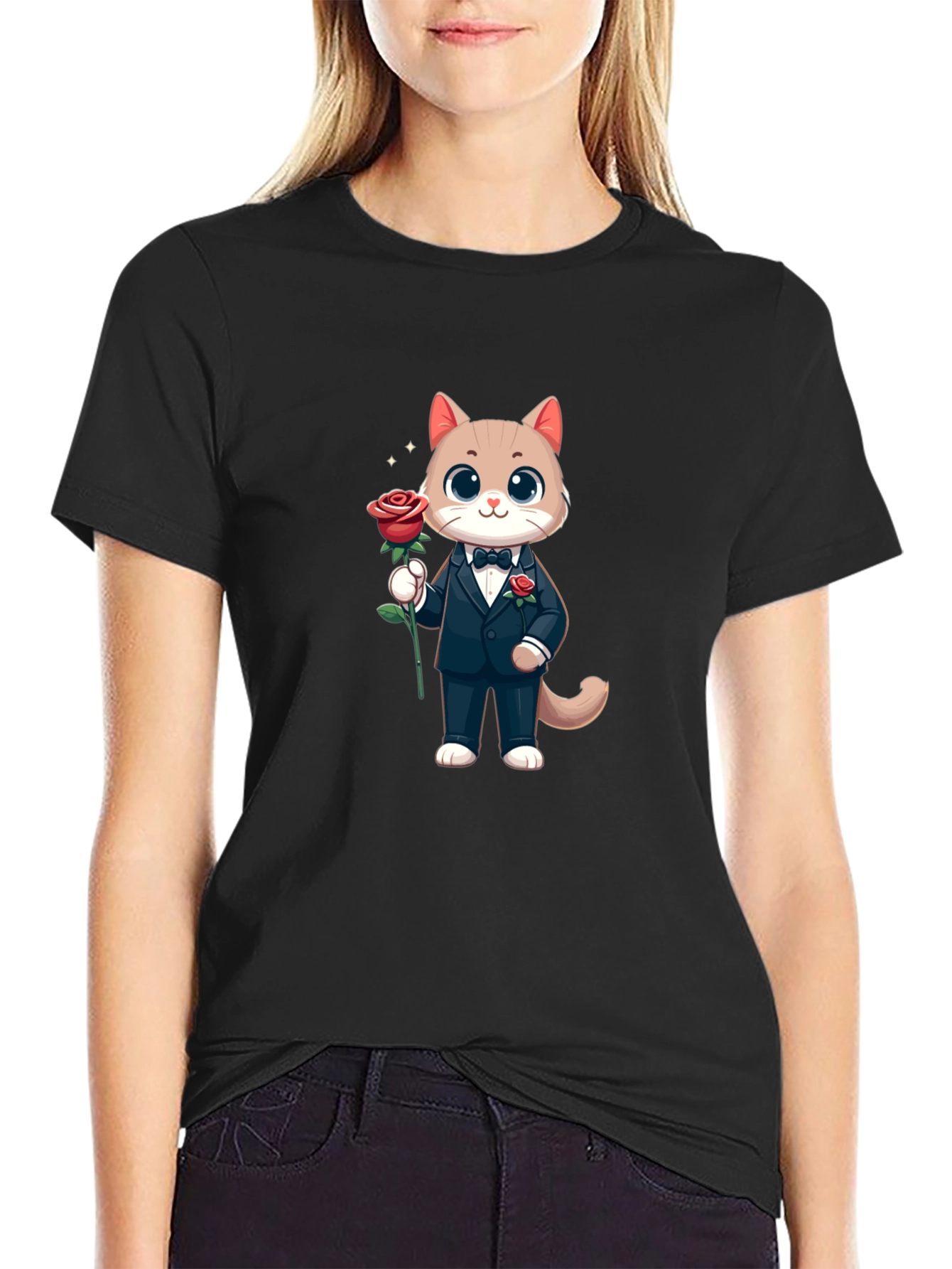 Cat Gentleman Graphic Black T-Shirt