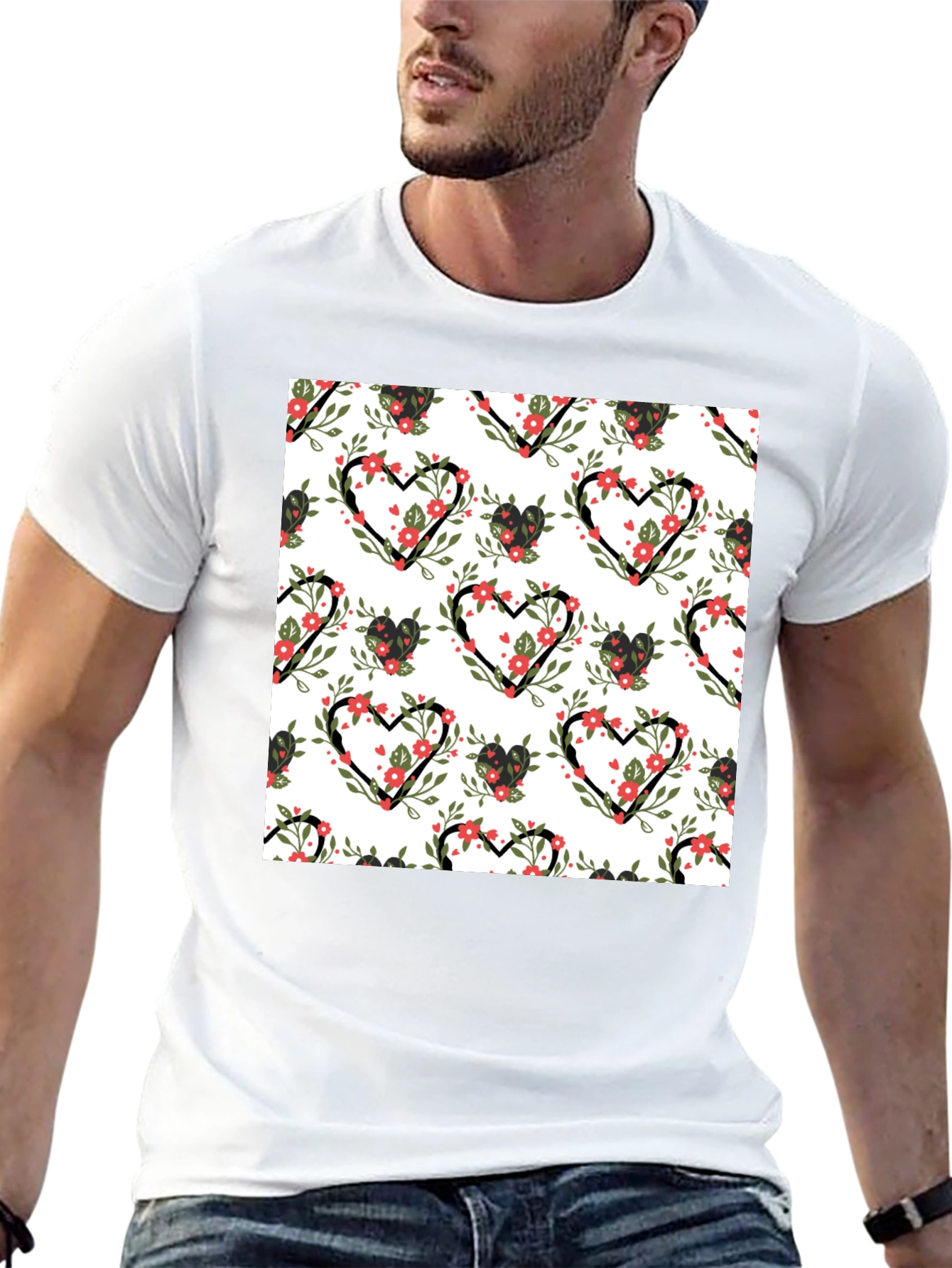 Floral Heart Pattern Black T-Shirt