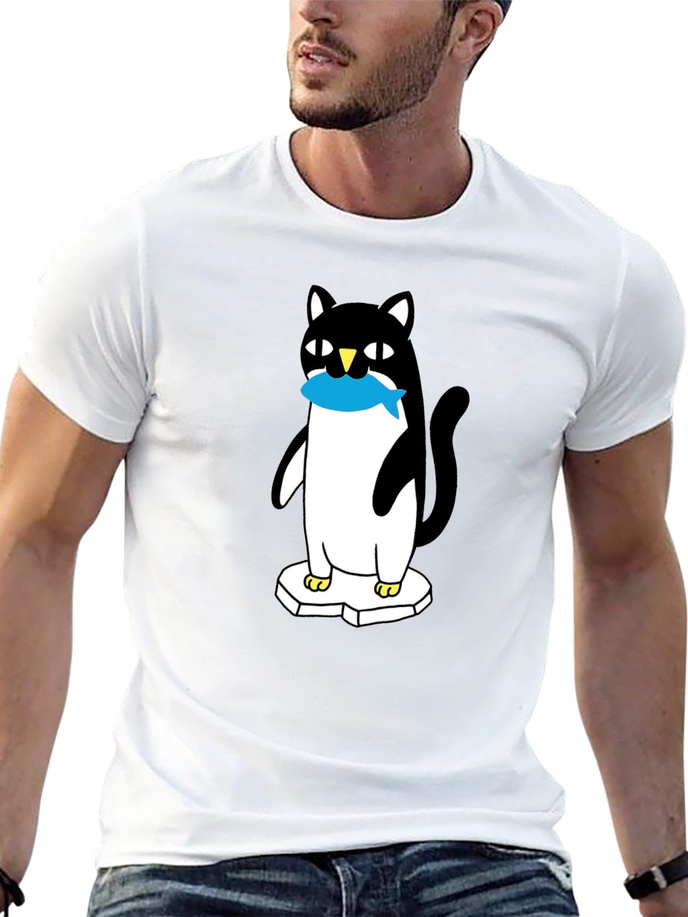 Cat Penguin Fish Black T-Shirt