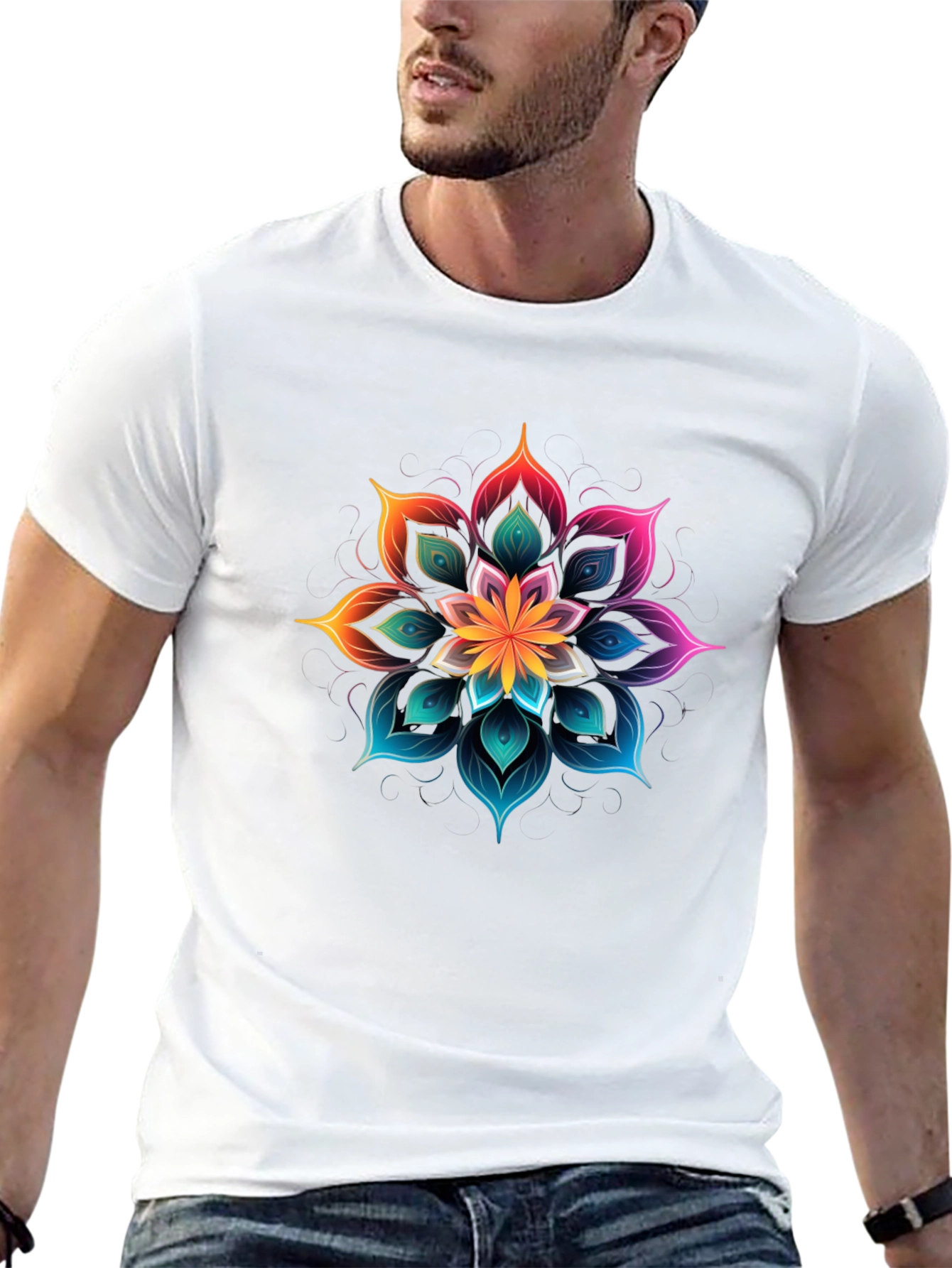 Vibrant Floral Mandala Graphic Tee - Black