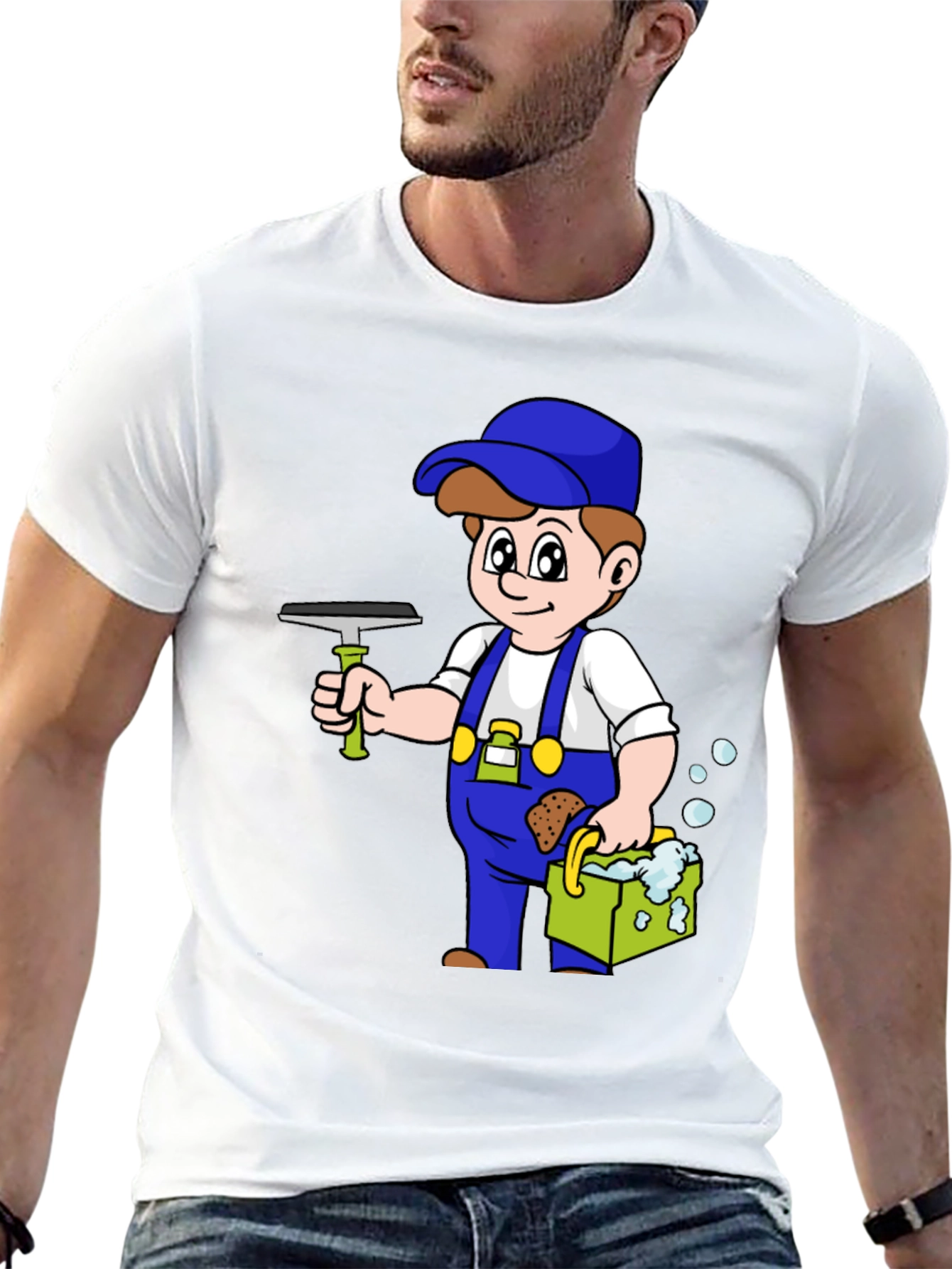 Cartoon Window Washer Graphic Tee - Black T-Shirt
